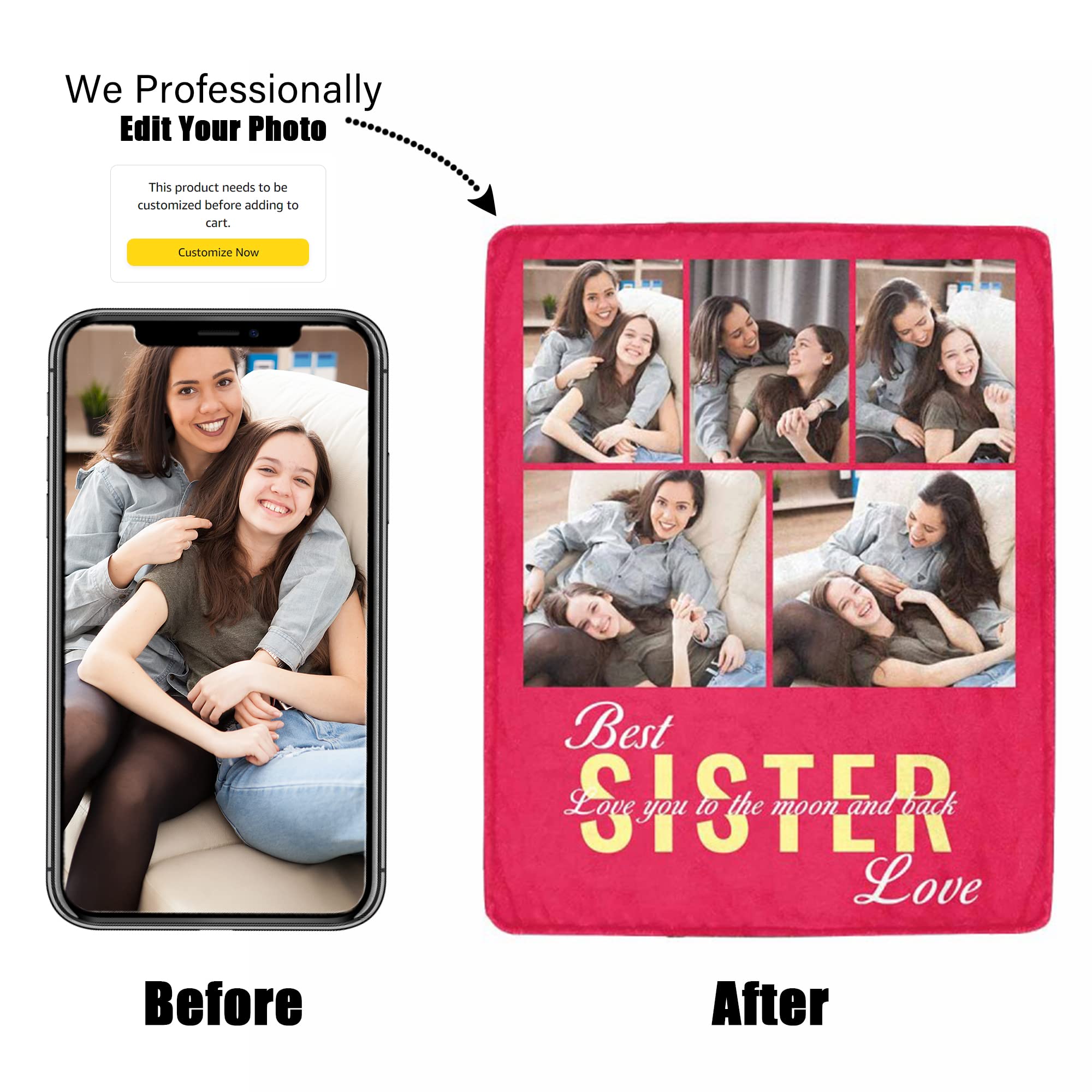 Custom Photo Blanket for Sister - Personalized Picture Throw Blanket 50