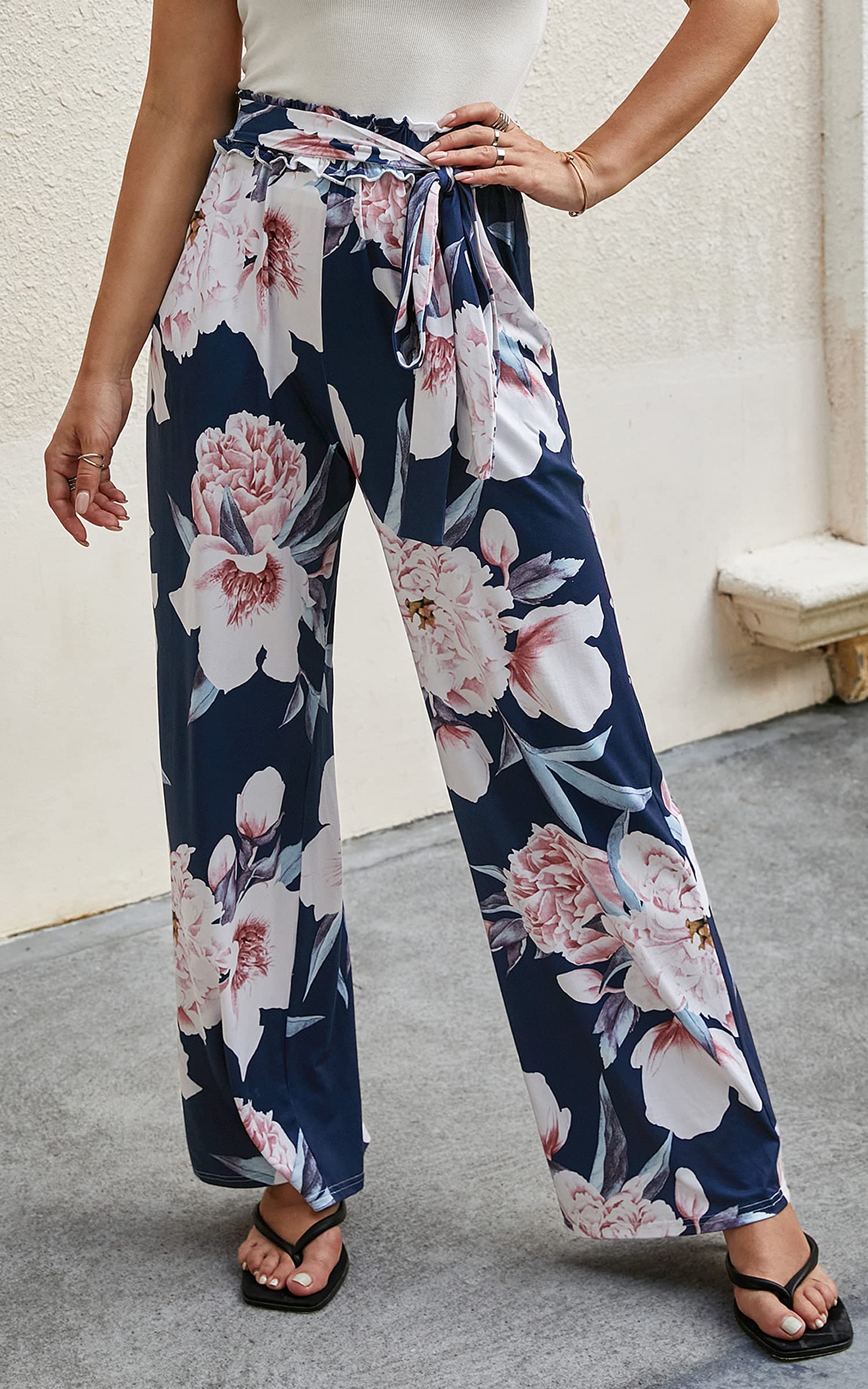 ECOWISH Women's Wide Leg Palazzo Pants - High Waist Flared Trousers with Pockets | Tropical Floral Print Casual Summer Pants 2025 | Perfect for Beach Vacations, Office Wear & Boho Fashion