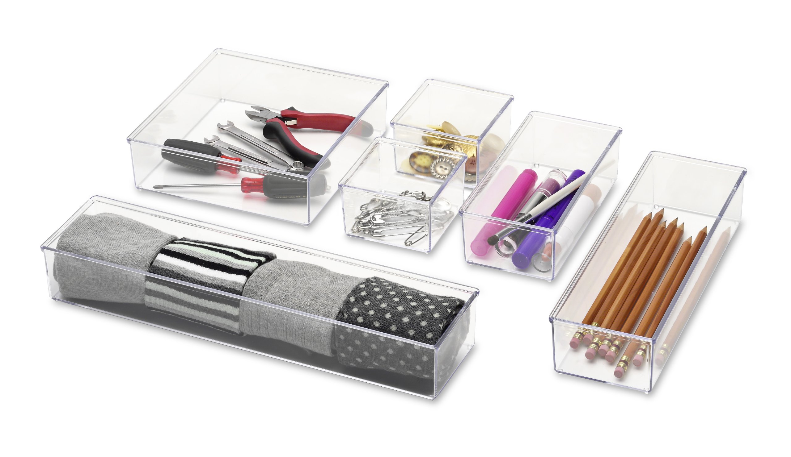 Whitmor Clear-Set 6-Piece Modular Drawer Organizer Set - Perfect for Kitchen, Bathroom & Office Storage Organization