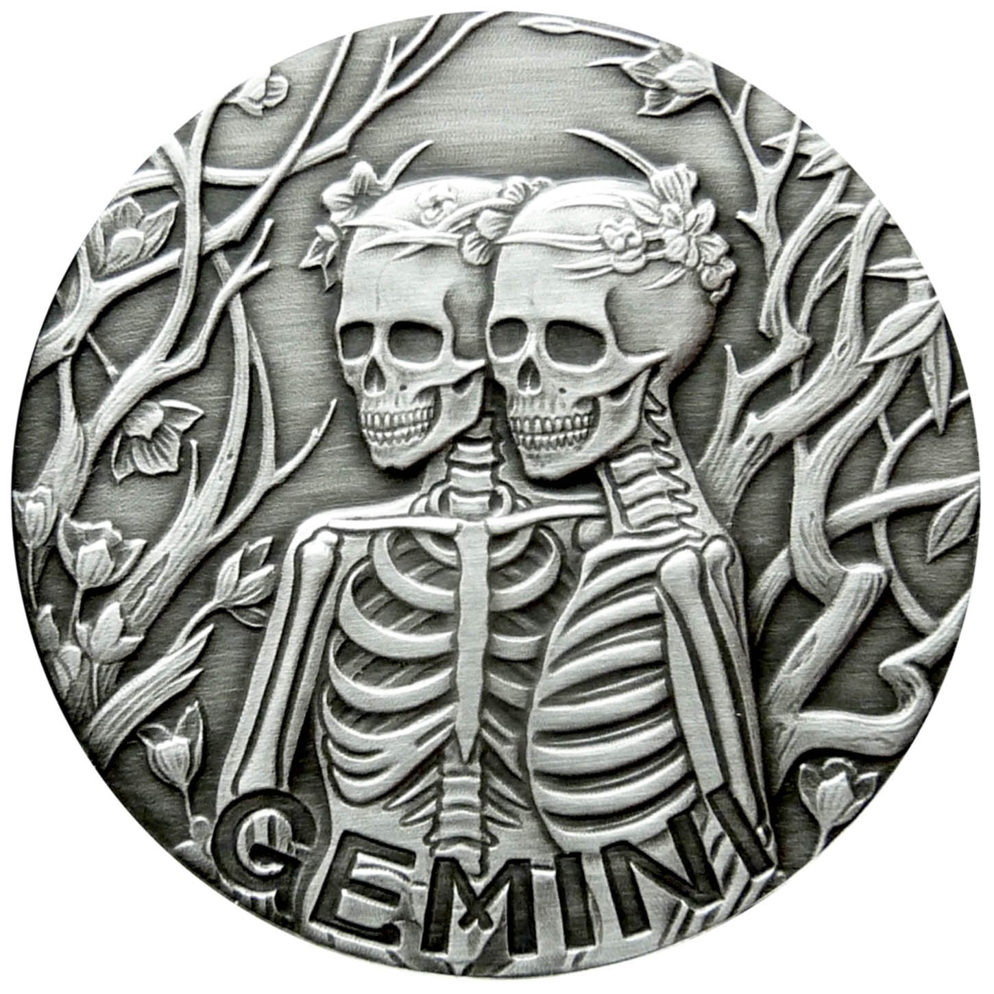 SkullCoins GEMINI - 2015 Memento Mori Zodiac Series #5 - 1 Oz Antique Finish Silver Coin - Limited Edition of 500 Pieces - Perfect for Collectors, Investors & Unique Gift Ideas