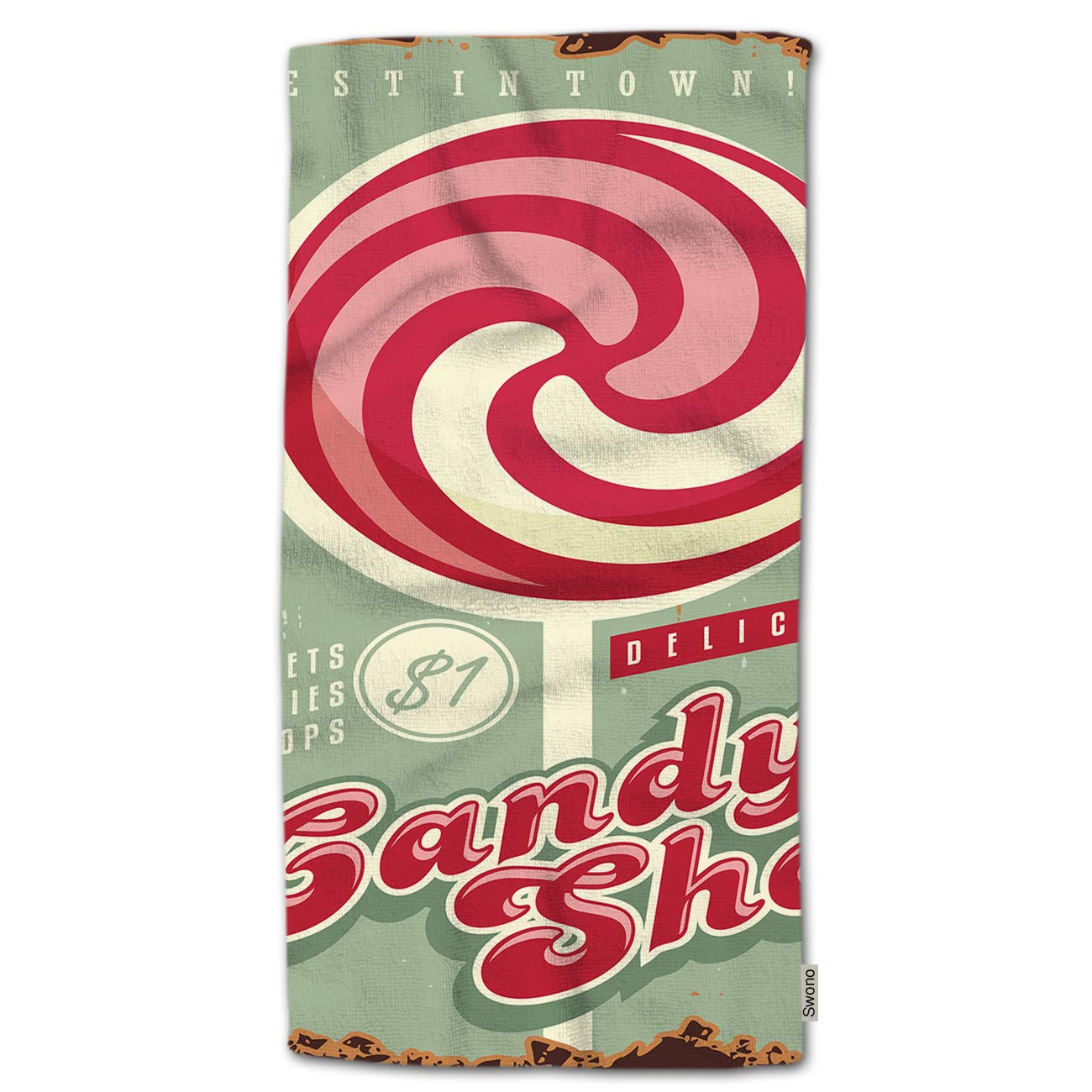 Swono Vintage Candy Shop Hand Towel - Soft Pink Polyester Retro Tin Poster Design with Cartoon Lollipop - 30x15 Inch Absorbent Towels for Bathroom, Kitchen, Gym & Spa - Perfect for Home Decor, Hotels and Gift Giving