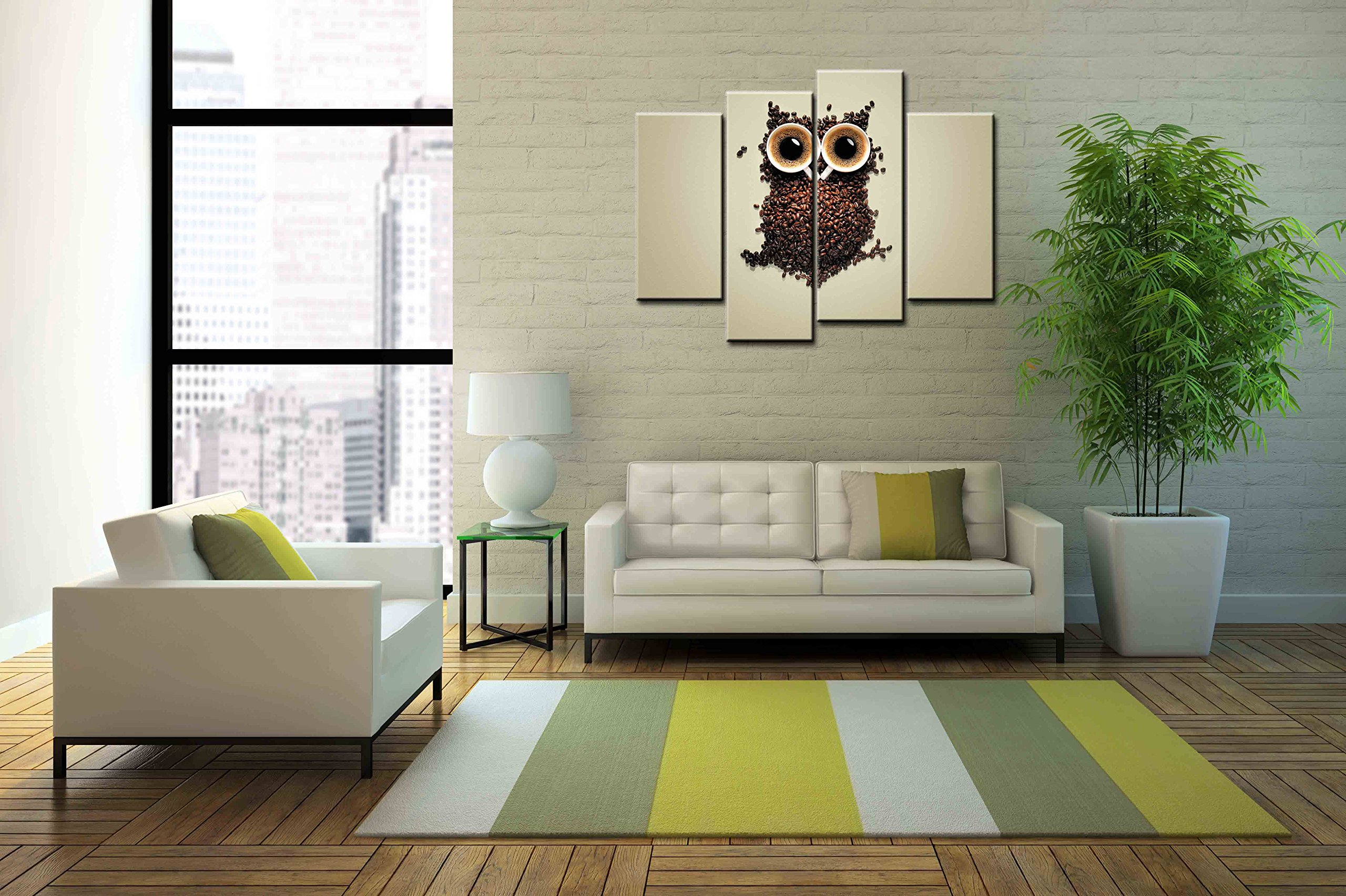 Owl Coffee Painting Wall Art - 4 Panel Canvas Print with Mosaic of Coffee Cups & Beans - Modern Home & Office Decor for Living Room, Bedroom, or Cafe