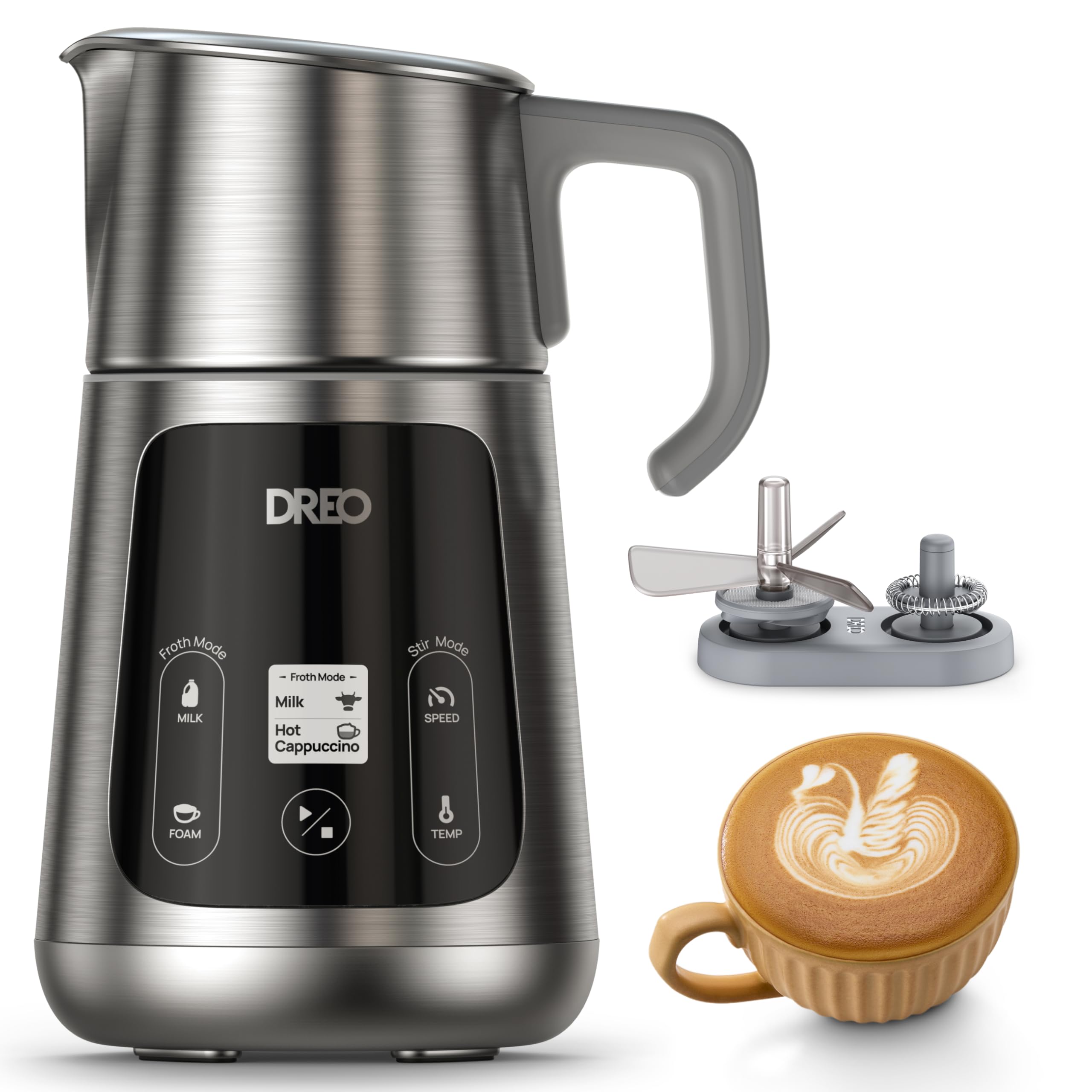 Dreo All-in-1 BaristaMaker Electric Milk Frother & Warmer - 15oz/450ml Automatic Coffee Frother for Latte Art, Cappuccino & Hot Chocolate - Works with Dairy & Plant-Based Milk - Dishwasher Safe - Perfect for Home Baristas & Coffee Lovers