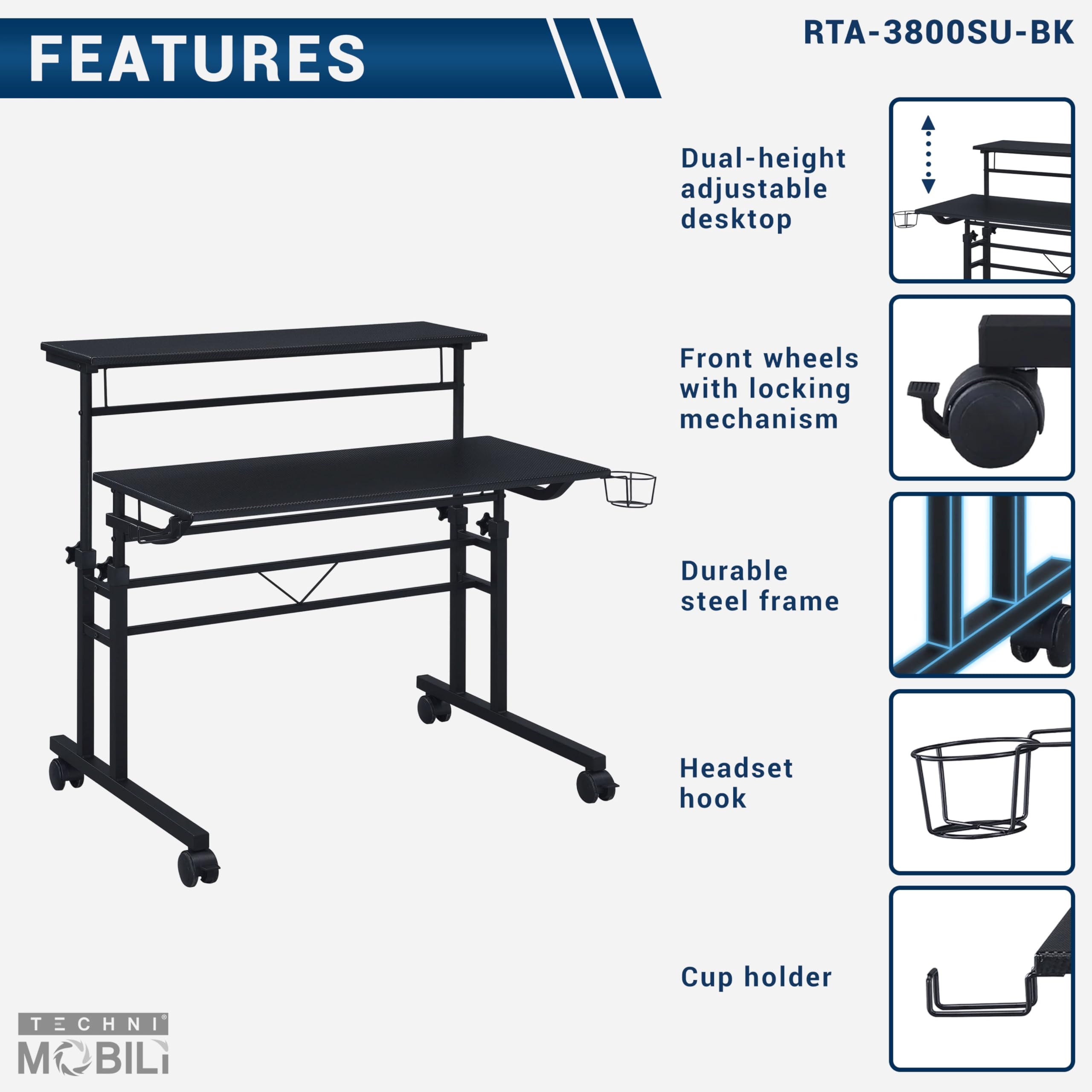 Techni Mobili Adjustable Height Rolling Standing Desk with Wheels - 2-Tier Mobile Office & Gaming Desk with Cup Holder - Black - Perfect for Home Office, Gaming Setup & Small Spaces