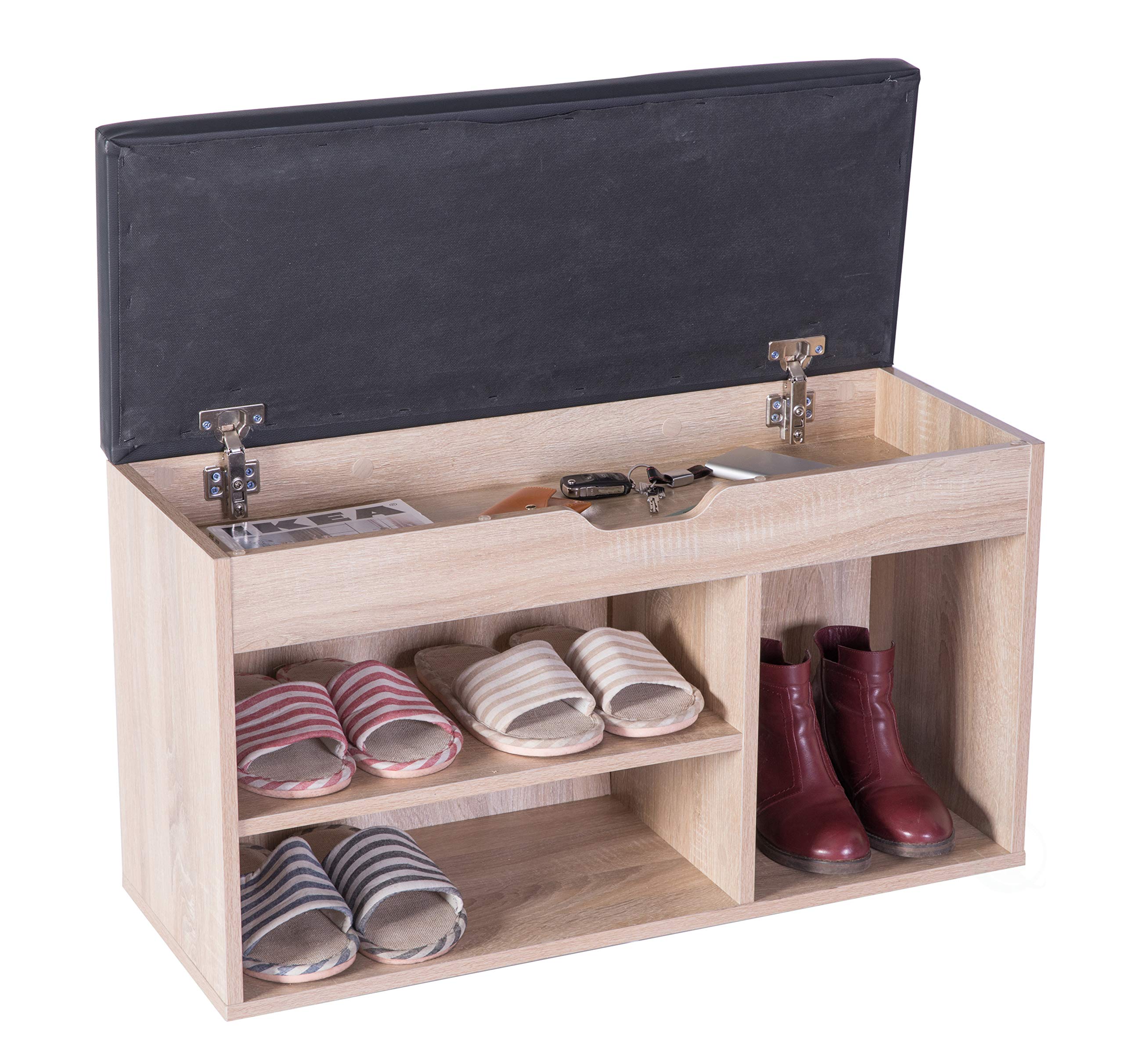 Basicwise Solid Oak Entryway Storage Shoe Rack with Bench Seat - Space Saving Organizer for Shoes, Boots & Outdoor Gear - Perfect for Hallway, Mudroom or Apartment Entryway