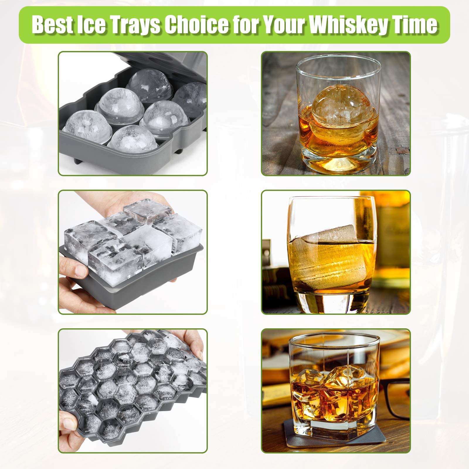 3 Pack Silicone Ice Cube Trays with Lids - Large Round, Sphere & Honeycomb Whiskey Ice Molds - Reusable Freezer Ice Ball Maker for Cocktails, Bourbon & Scotch - Perfect for Home Bars & Entertaining