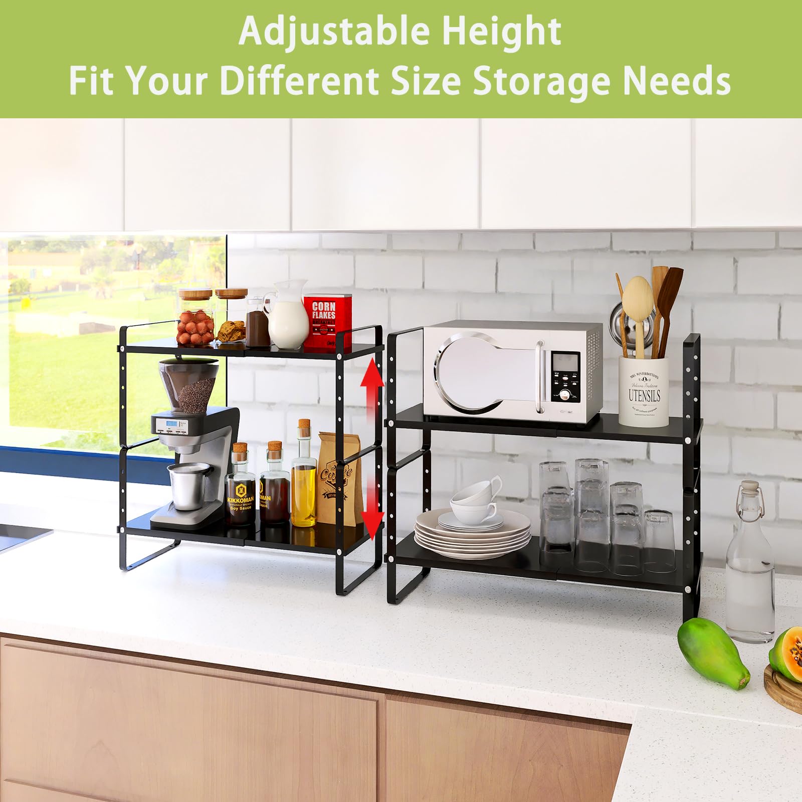 Expandable Cabinet Shelf Organizer Rack - Stackable Kitchen Countertop Storage Shelf - Adjustable Height Pantry Organizer & Spice Rack (Black, 2 Pack) - Perfect for Small Spaces, Kitchen Countertops, Pantry Shelving & Bathroom Organization