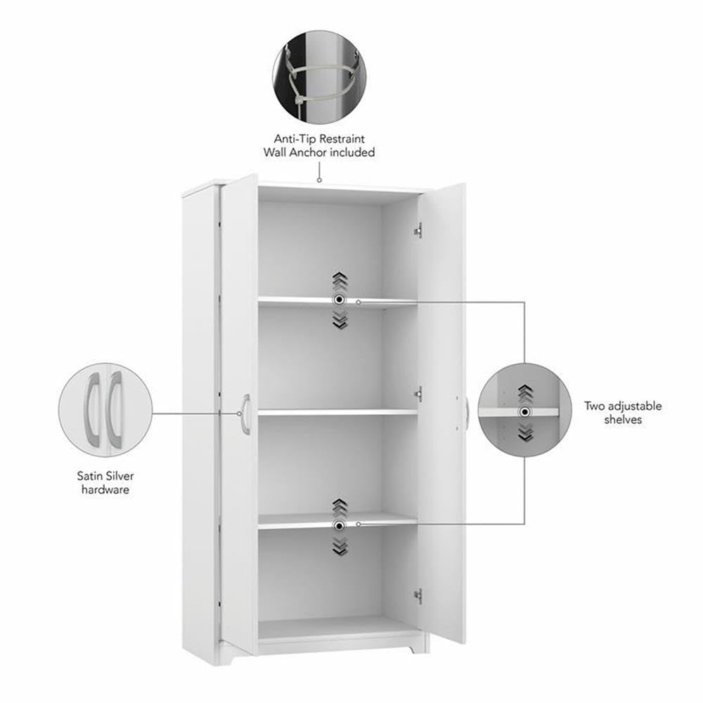 Bush Furniture Cabot Tall Kitchen Pantry Cabinet with Doors, White - Freestanding Storage Organizer for Kitchen, Dining Room, or Pantry - Perfect for Storing Food, Dishes, and Small Appliances