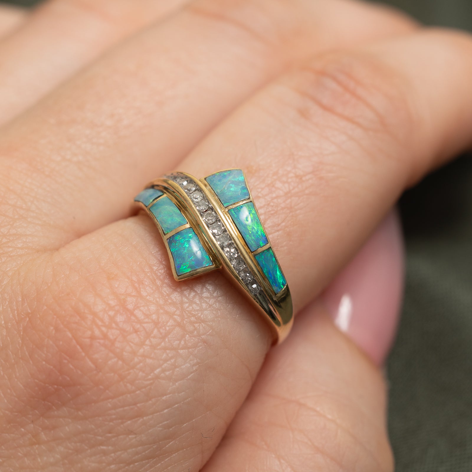Opal and Diamond Wave Bypass Ring - 1.00ctw Opal with 0.10ctw Diamonds - Size 9.25 - Elegant Stackable Ring for Women, Perfect for Weddings, Anniversaries, and Special Occasions