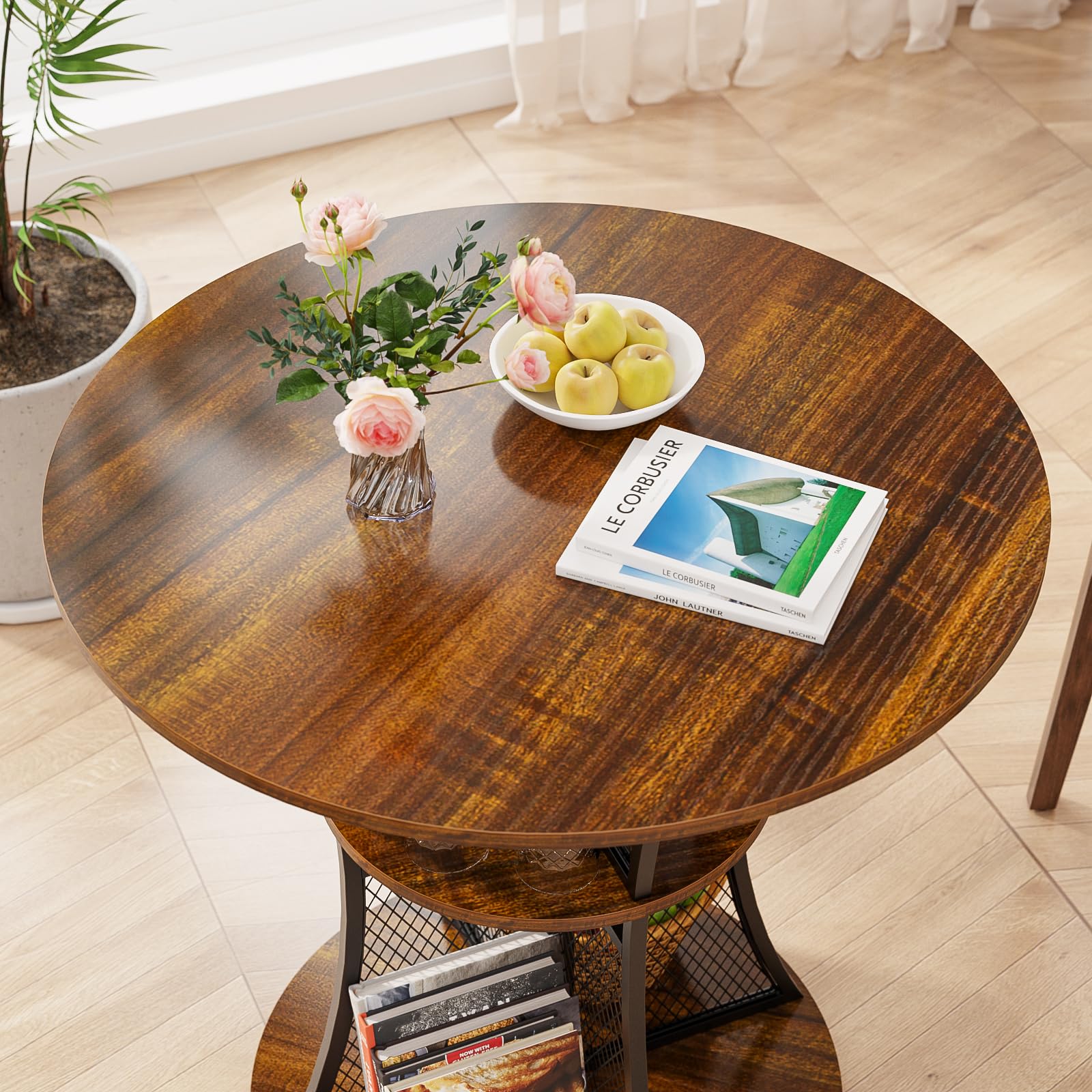 Elephance Round Dining Table with 2-Tier Metal Frame & Storage Shelves - Kitchen Bar Table, Coffee Table for Living Room & Dining Room - Perfect for Small Spaces, Breakfast Nooks & Modern Home Decor