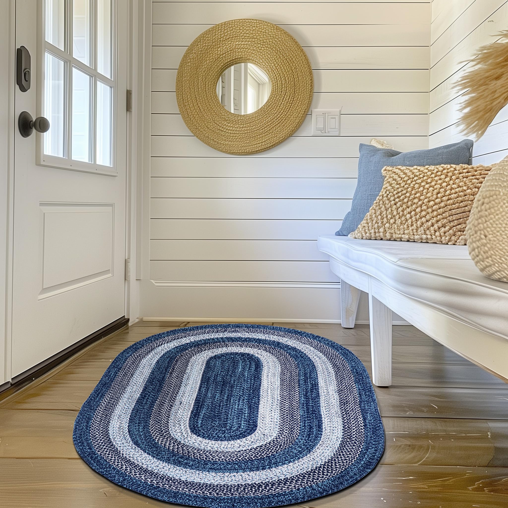 Washable Braided Oval Rug 4' x 6' - Rustic Aqua Blue/White/Black - Kitchen, Dining Room, Patio & Porch Floor Mat - Non-Slip Indoor Outdoor Area Rug for Home Decor