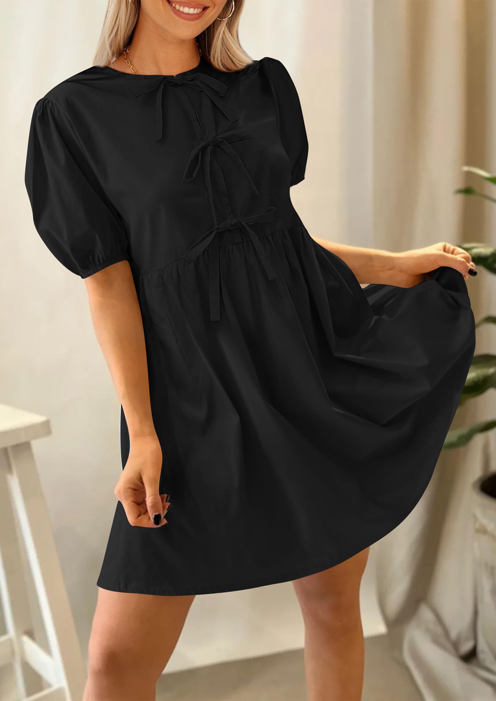 PRETTYGARDEN Women's Summer Casual Short Sleeve Dress - A-Line Bow Tie Front Babydoll Mini Dress with Pockets | Loose Fit Cute Flowy Dress for Beach, Vacation & Daily Wear
