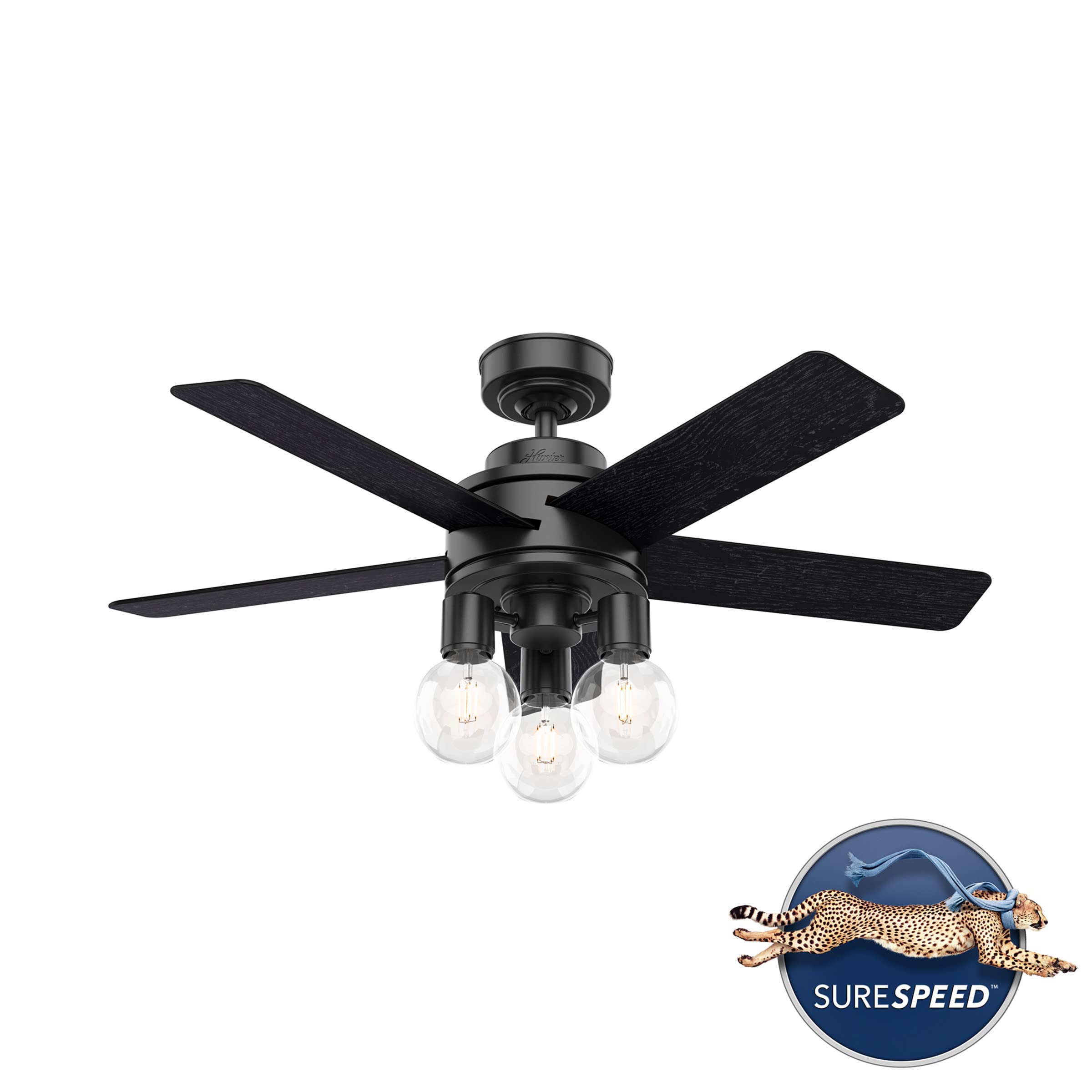 Hunter Fan Company 50593 44 Inch Hardwick Matte Black Ceiling Fan with LED Light Kit & Remote Control - Perfect for Living Room, Bedroom, and Outdoor Patio Cooling