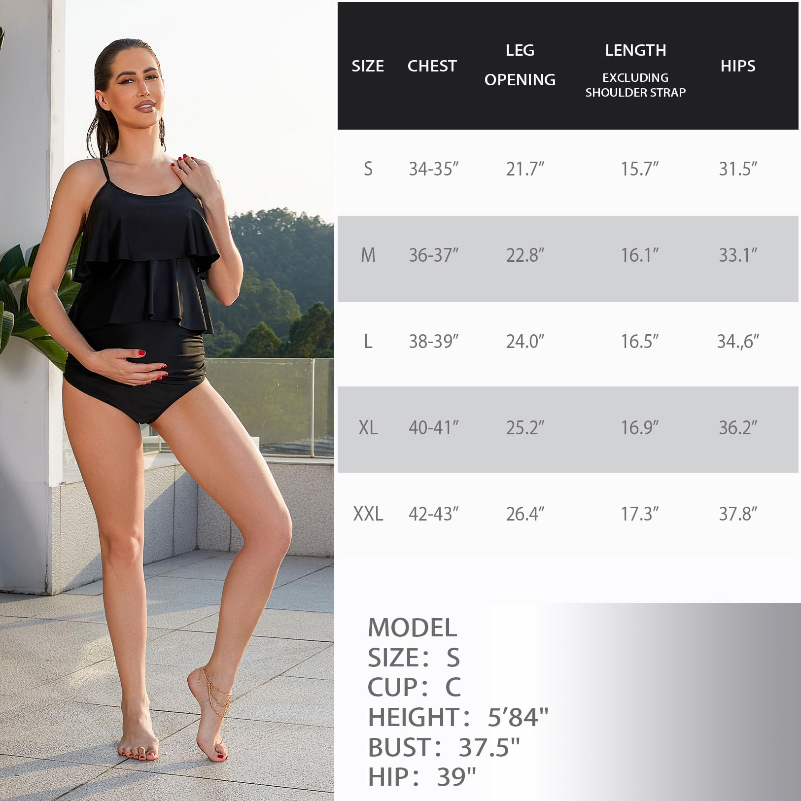 GINKANA Women's Maternity Tankini Swimwear 2 Piece Set - Double Ruffle Hem Pregnancy Bathing Suit for Beach, Pool & Vacation | Comfortable Maternity Swimsuits for Expecting Moms