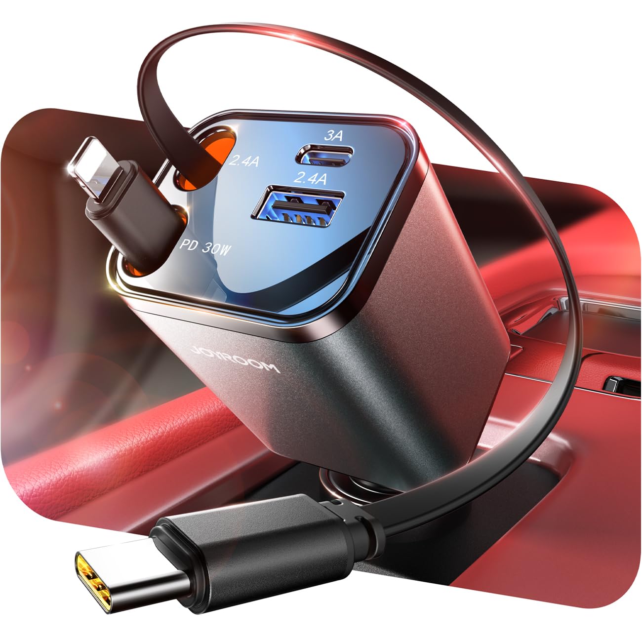 JOYROOM 69W Retractable Car Charger with USB-C - Ultra-Compact Fast Charger for iPhone 16/15 Pro Max - Gray Car Accessory for Road Trips & Daily Commute
