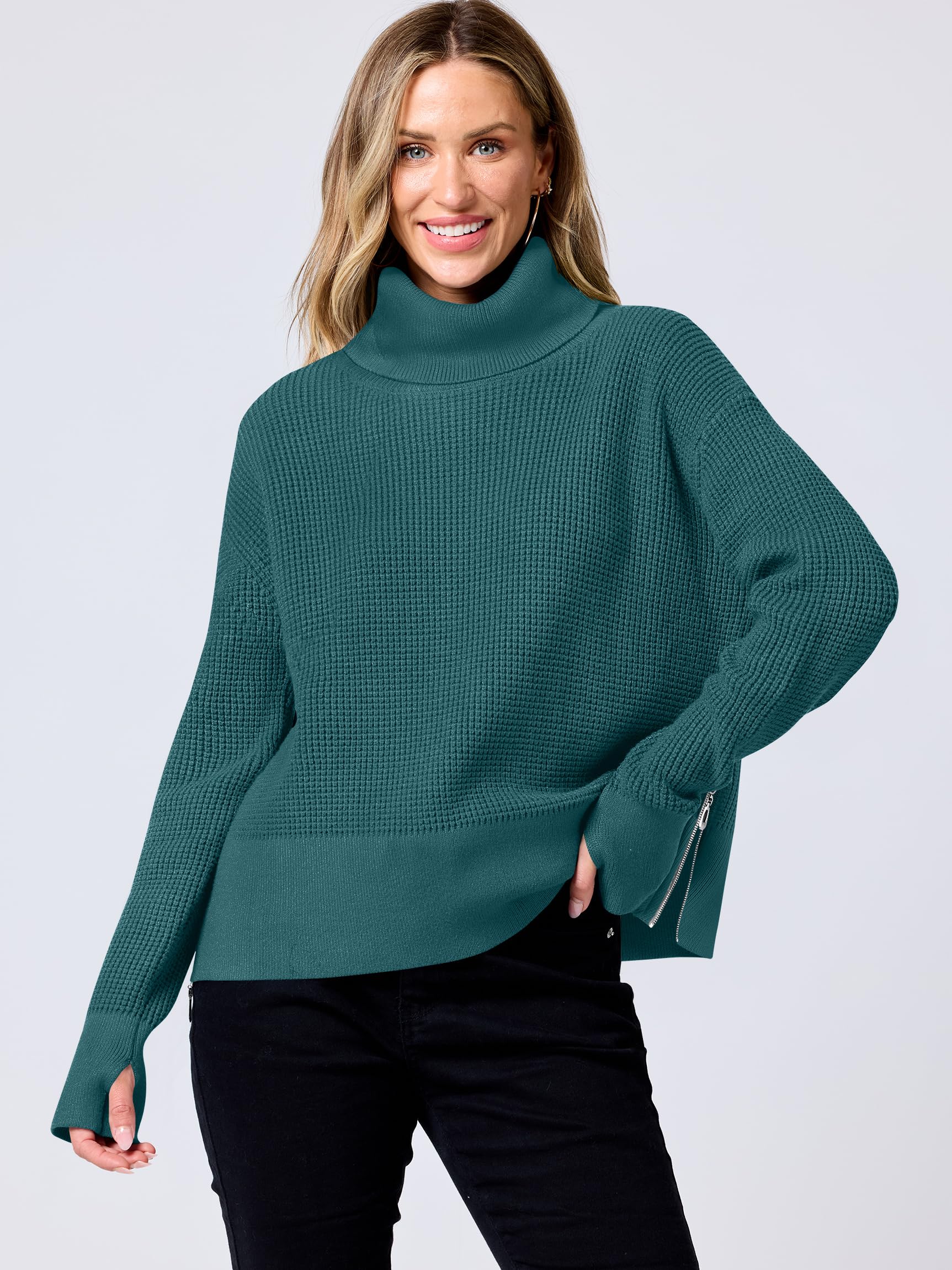 ANRABESS Women's Turtleneck Long Sleeve Sweater - Waffle Knit Casual Pullover with Side Zipper & Thumbholes | Cozy Fall Winter Outfits for Work, Date Night and Layering 2024