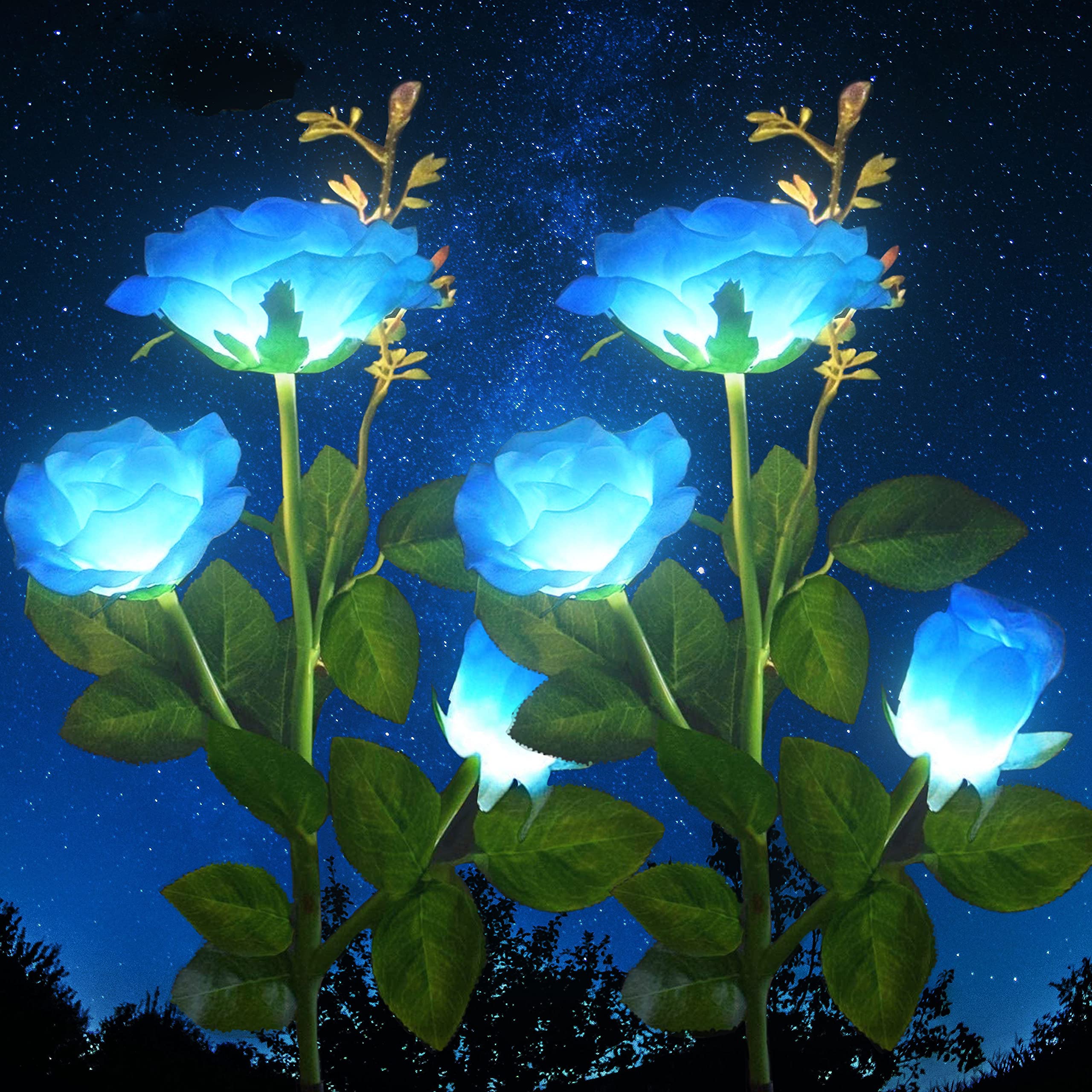 Solar Powered Rose Flower Stake Lights - 2 Pack Blue LED Outdoor Garden Decor for Yard, Porch, Flower Bed & Memorial Cemetery | Weatherproof Landscape Lighting for Romantic Nights & Pathway Illumination