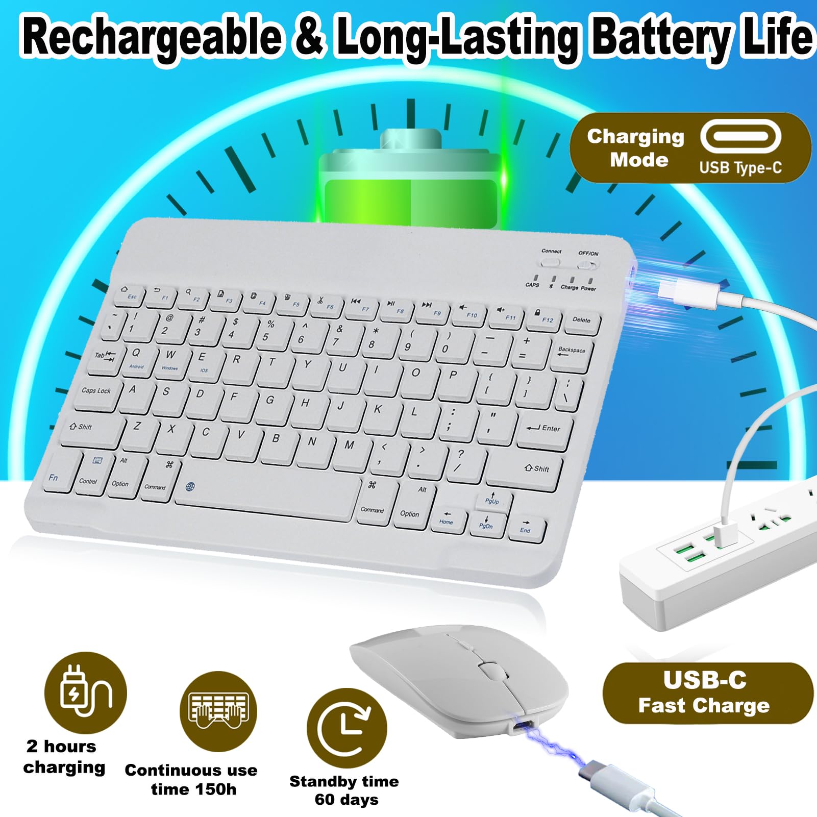 Wireless Bluetooth Keyboard and Mouse Combo - 2.4GHz USB Rechargeable, Ultra-Thin Quiet Mini Keyboard Set for iPad, Mac, Windows, Android Tablet & Laptop (White) - Perfect for Home Office, Remote Work & Travel