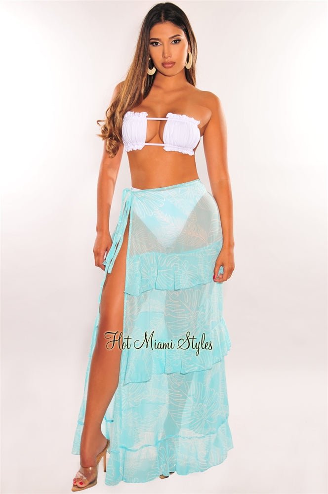 Aqua White Palm Print Tie-Up Ruffle Maxi Skirt - Beach Cover Up for Women, Summer Vacation, Pool Party & Boho Outfit