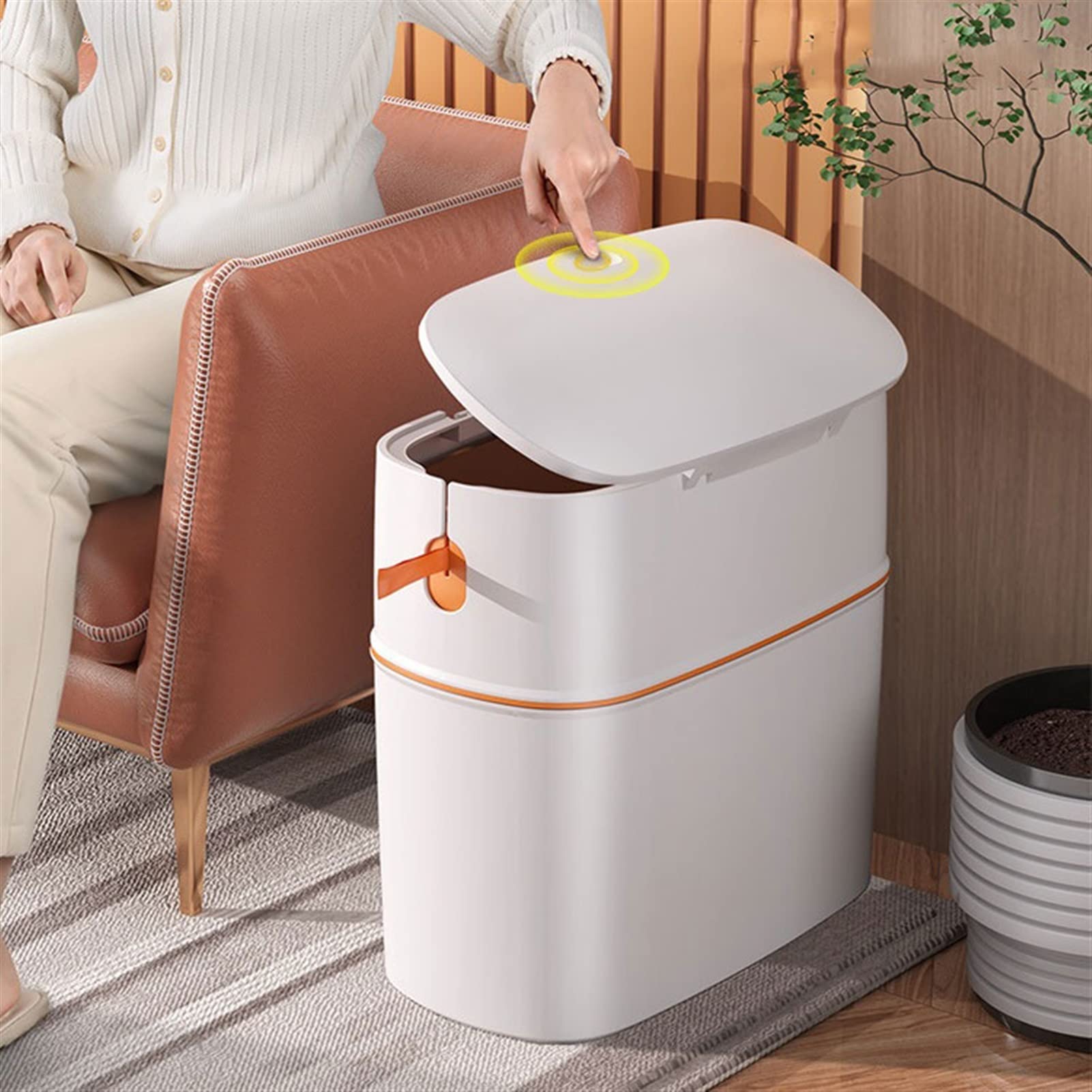 TOMYEUS 15L Stainless Steel Trash Can with Lid - Modern Luxury Narrow Garbage Bin for Bathroom, Kitchen, Living Room - Odor Control & Space Saving Design - Perfect for Small Spaces & Home Decor (White)