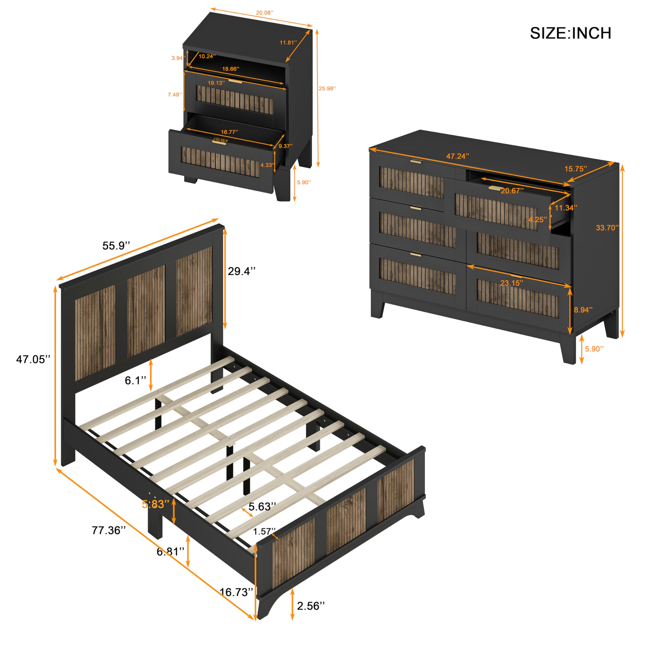 Farmhouse Queen Size Bedroom Set - 4-Piece Platform Bed with Wooden Strip Design, 2 Storage Nightstands & Dresser with Metal Handles, Black - Perfect for Rustic, Modern Farmhouse, or Industrial Style Bedrooms