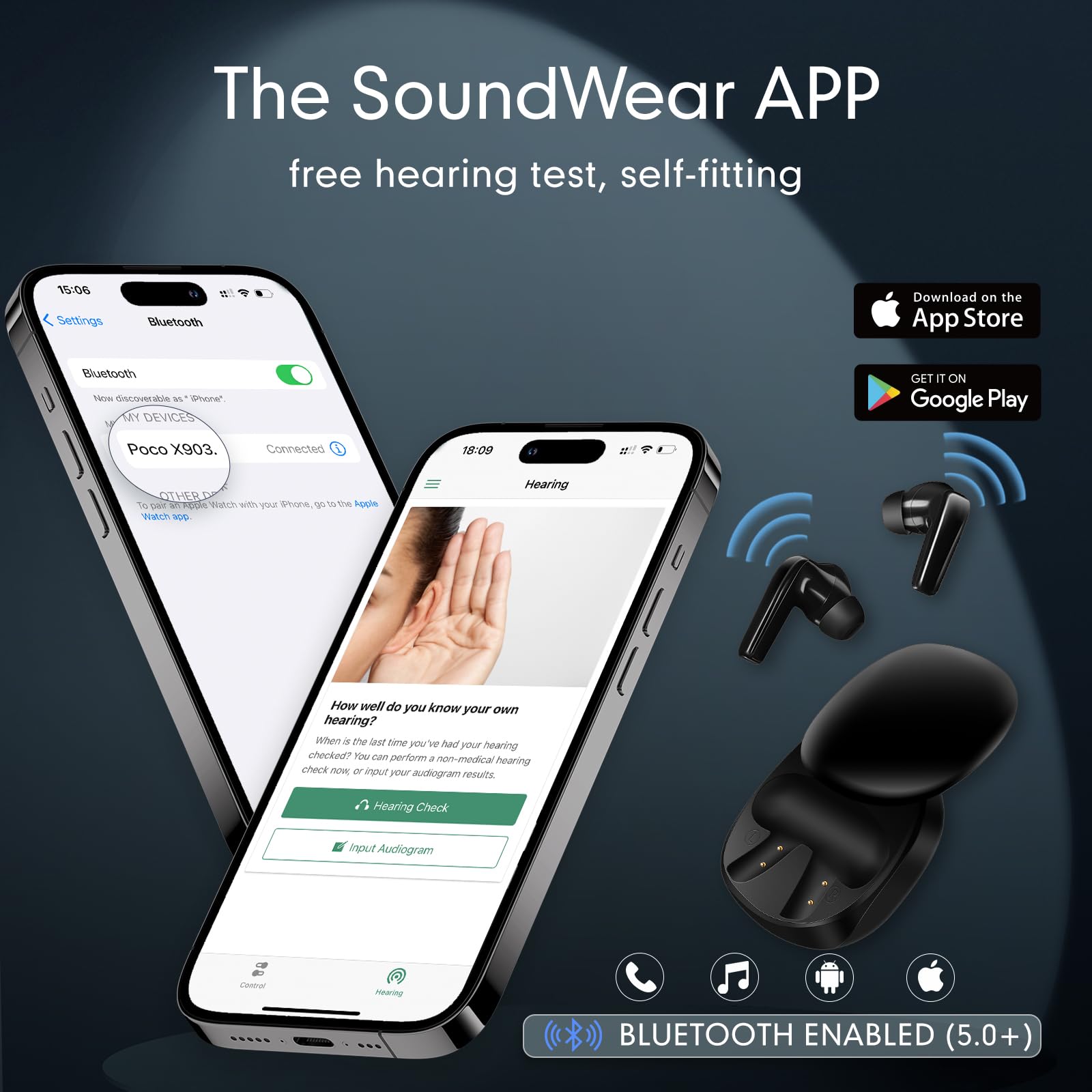 Rechargeable 64-Channel WDRC Hearing Aids for Seniors & Adults - Bluetooth OTC Hearing Amplifier with Noise Cancellation & Dual Microphone (Black) - Ideal for TV Watching, Phone Calls & Social Gatherings