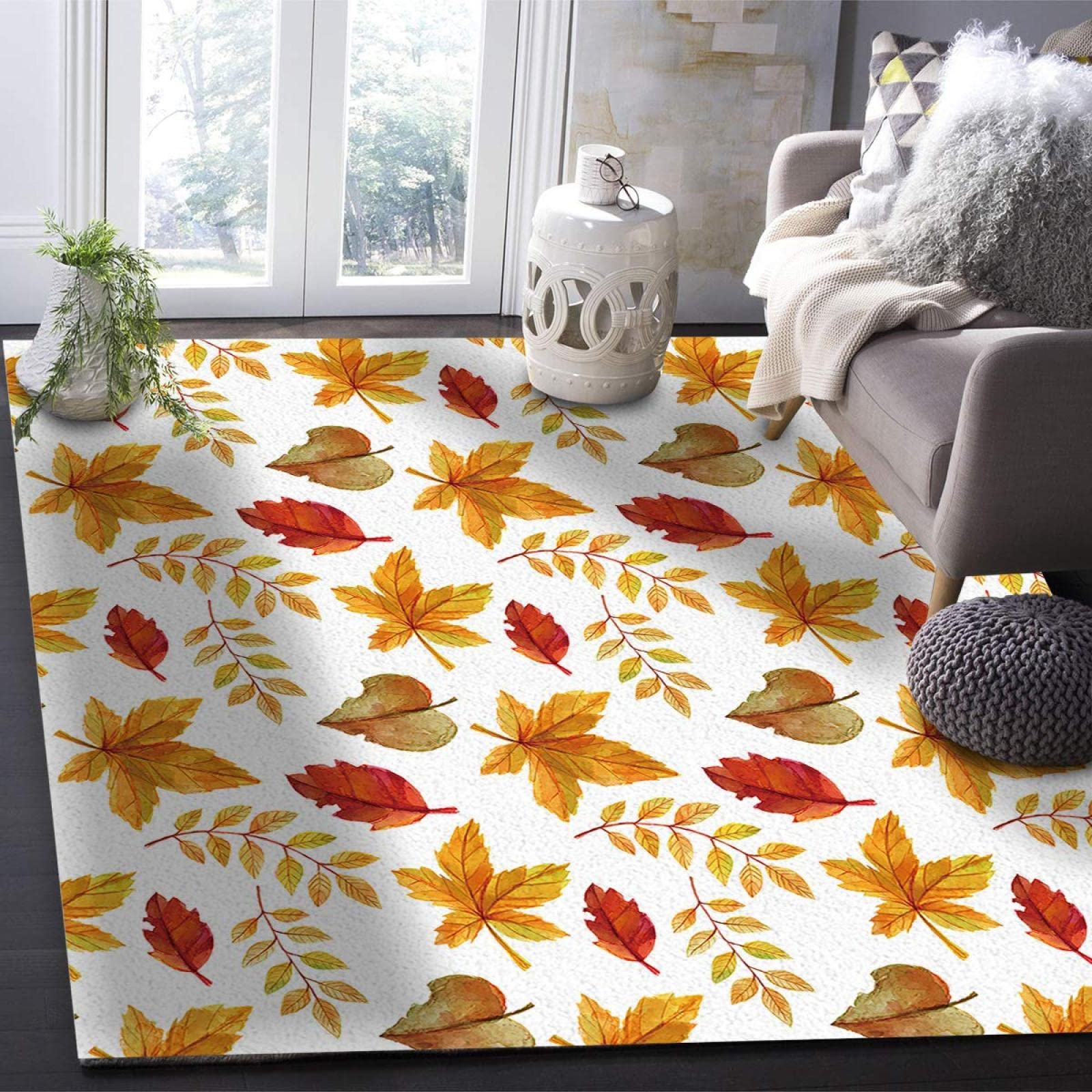 5ftx7ft Maple Tree Leaves Nature Area Rug - Soft Washable Autumn Leaves Carpet for Nursery, Bedroom & Living Room - Easy Clean Decor Rug for Boys and Girls | Perfect for Fall Home Decor & Cozy Kids Room