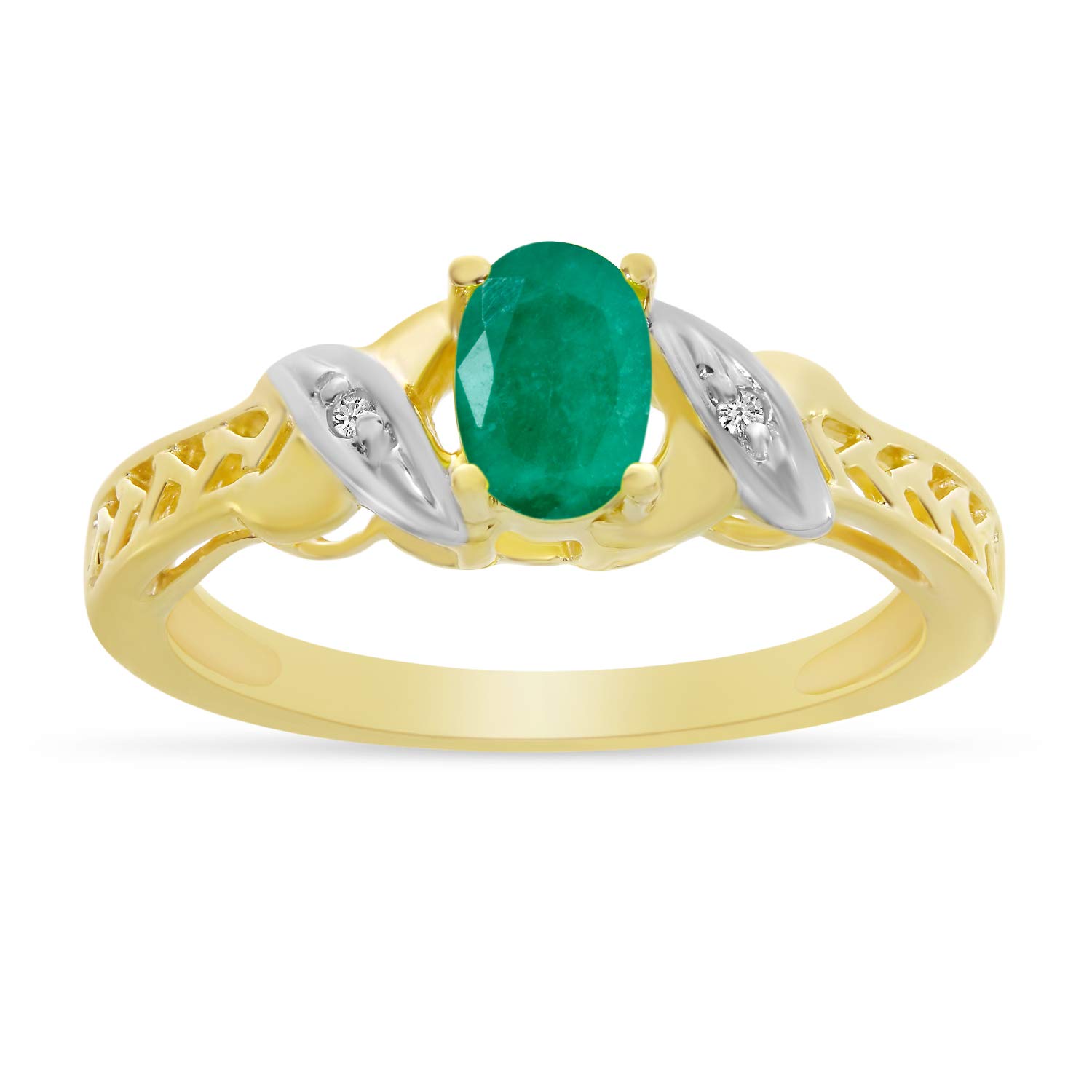 10K Yellow Gold Oval Emerald and Diamond Ring for Women - Elegant Vintage Style Engagement & Wedding Jewelry Gift