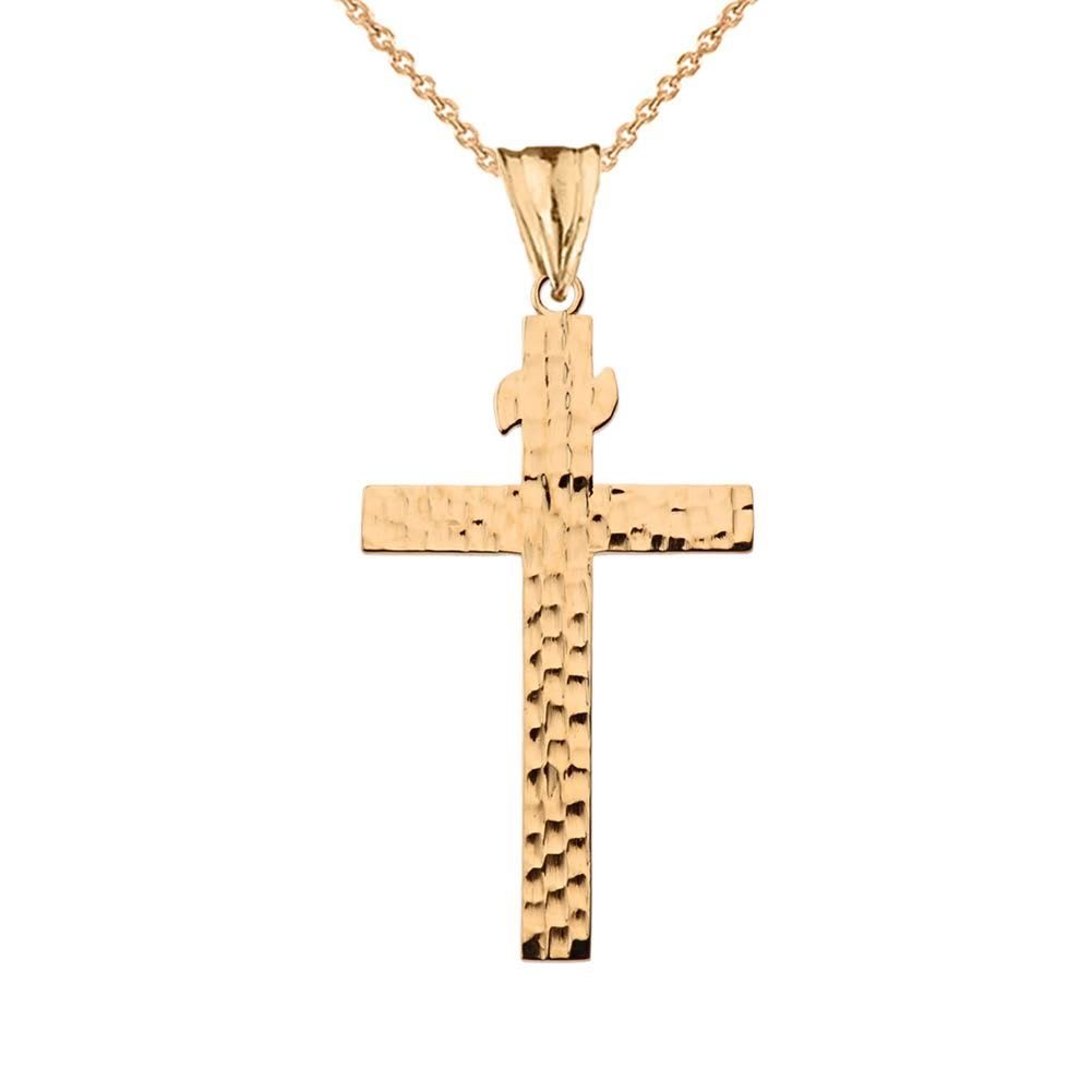 10k Yellow Gold Hammered Christian Cross Pendant Necklace for Women - Religious Jewelry Gift for Baptism, Confirmation & Everyday Wear