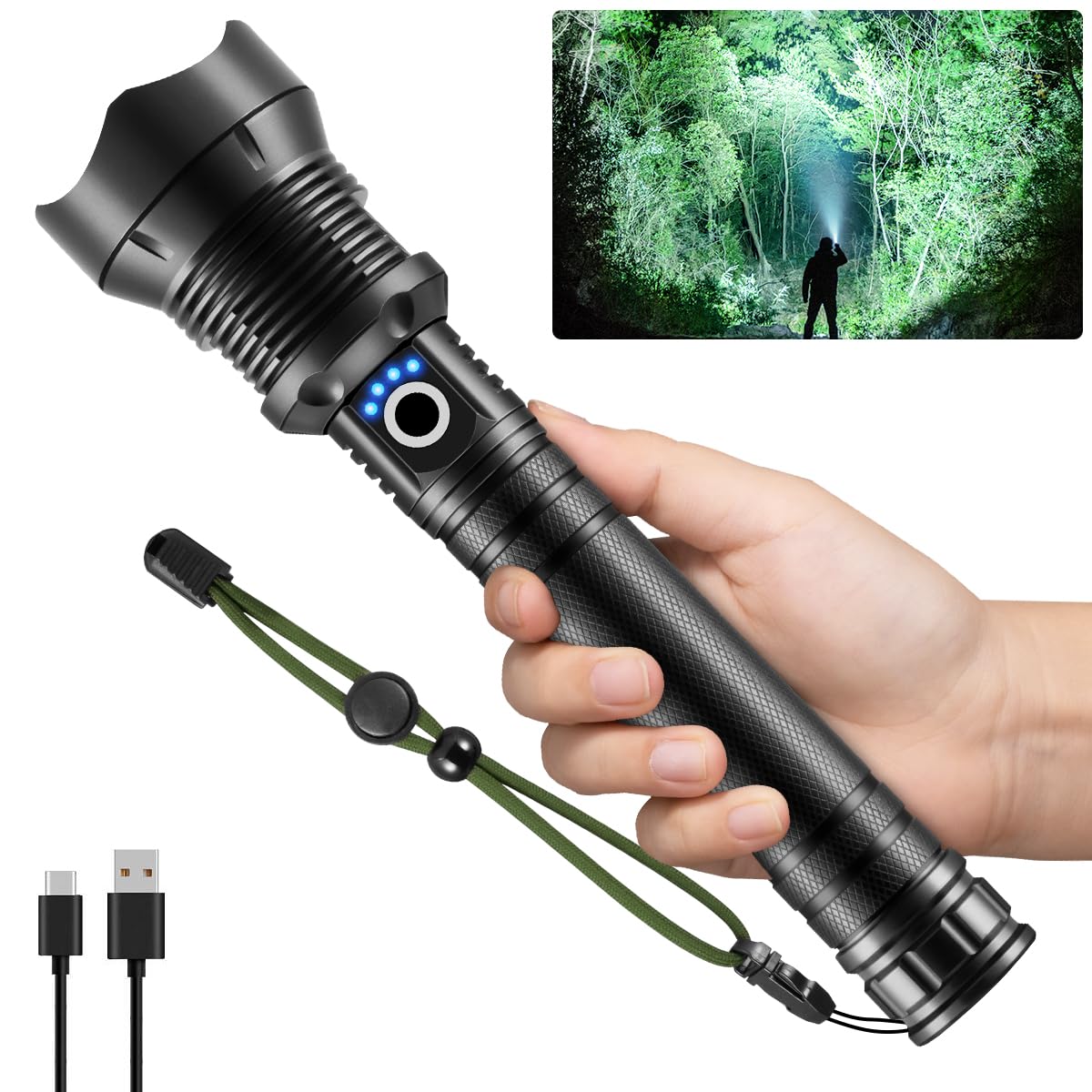 990,000 Lumens Rechargeable Tactical Flashlight - Super Bright Adjustable Focus Heavy Duty Flashlight with 5 Modes for Camping, Hiking, Emergency & Home Use | High Lumen LED Flashlight for Outdoor Adventures & Power Outages