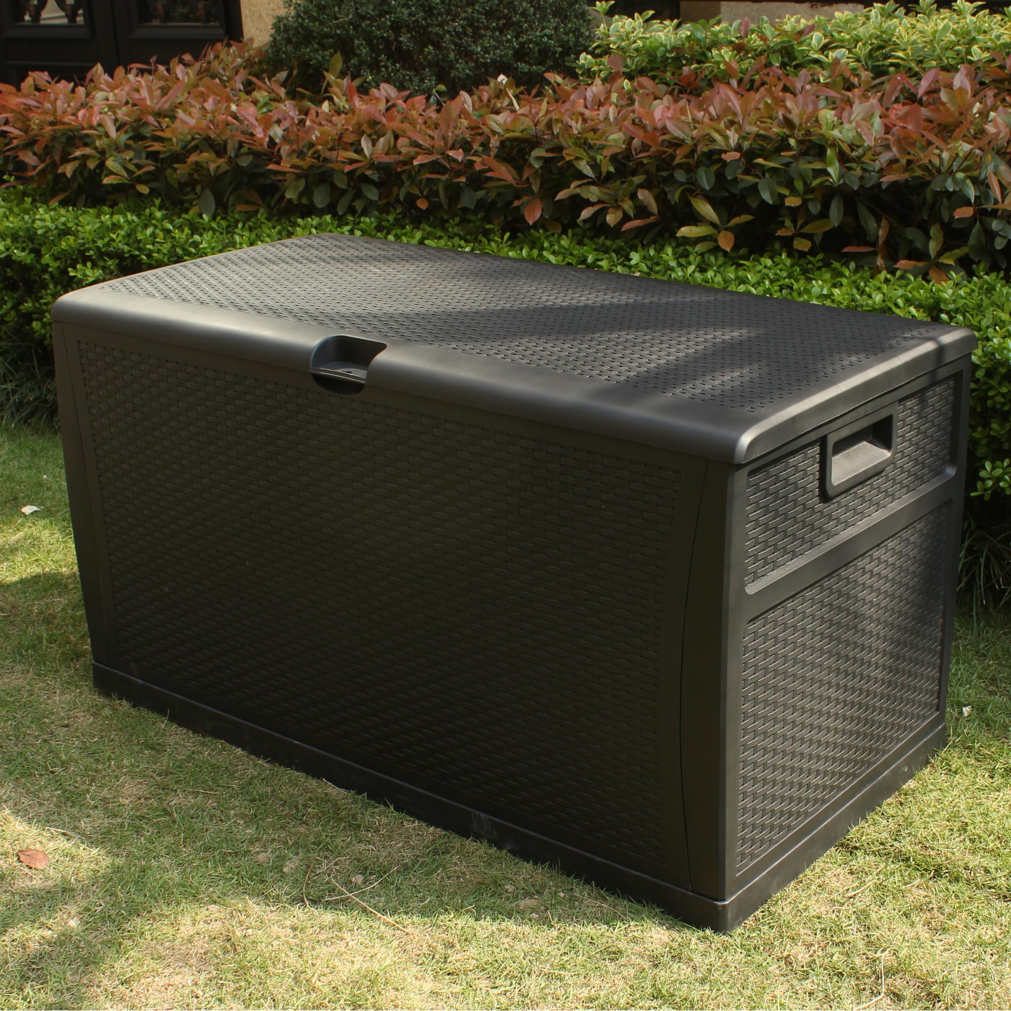121 Gallon Outdoor Storage Box - Large Lockable Waterproof Deck Box for Patio Cushions, Garden Hoses & Pool Accessories - Durable Resin Rattan Plastic Design - Perfect for Backyard, Deck & Poolside Storage (Black)