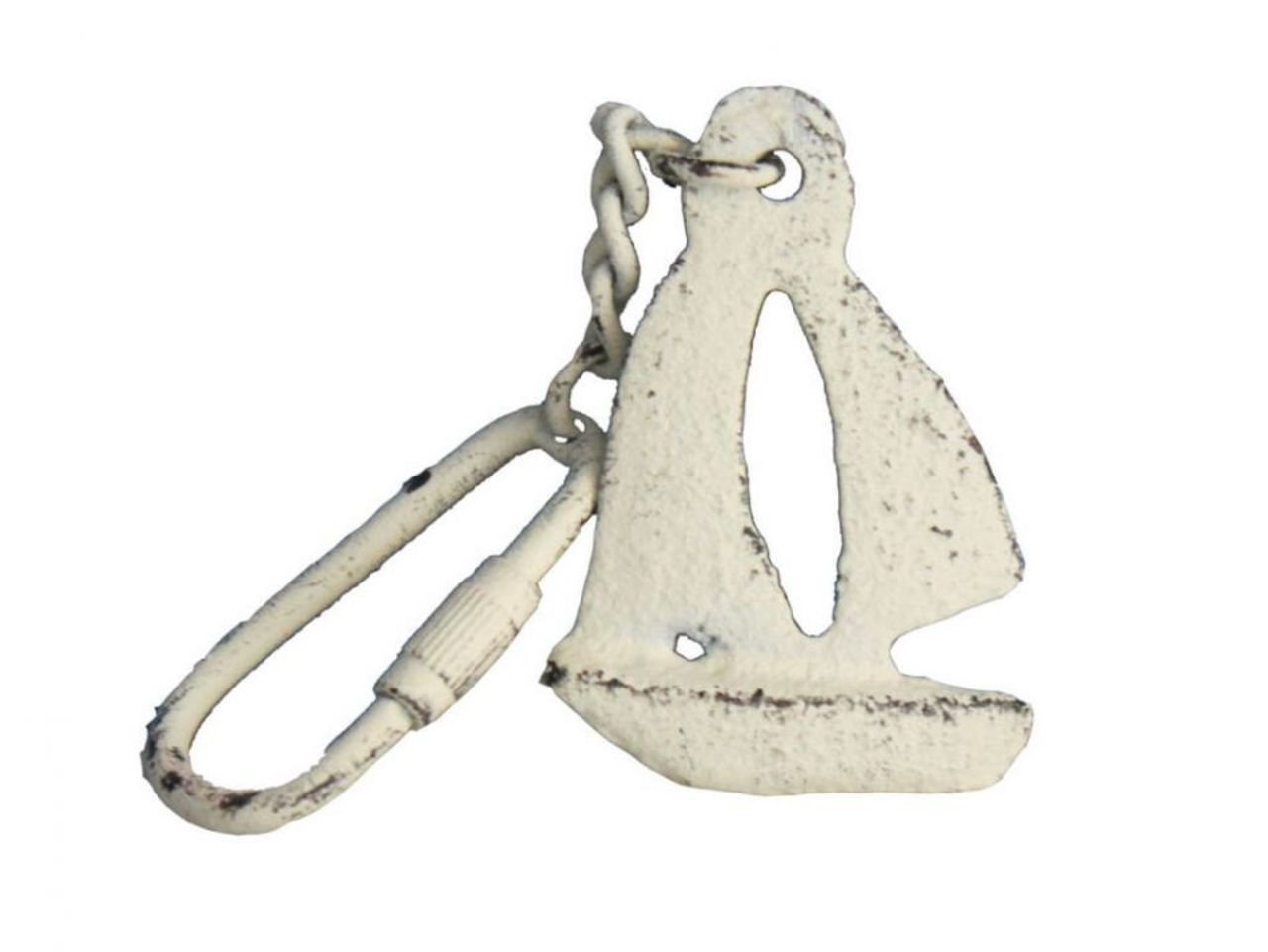 Hampton Nautical Whitewashed Cast Iron Sailboat Keychain with Ring - 5 Inch Nautical Decor Key Holder for Boat, Beach House & Coastal Themed Gifts