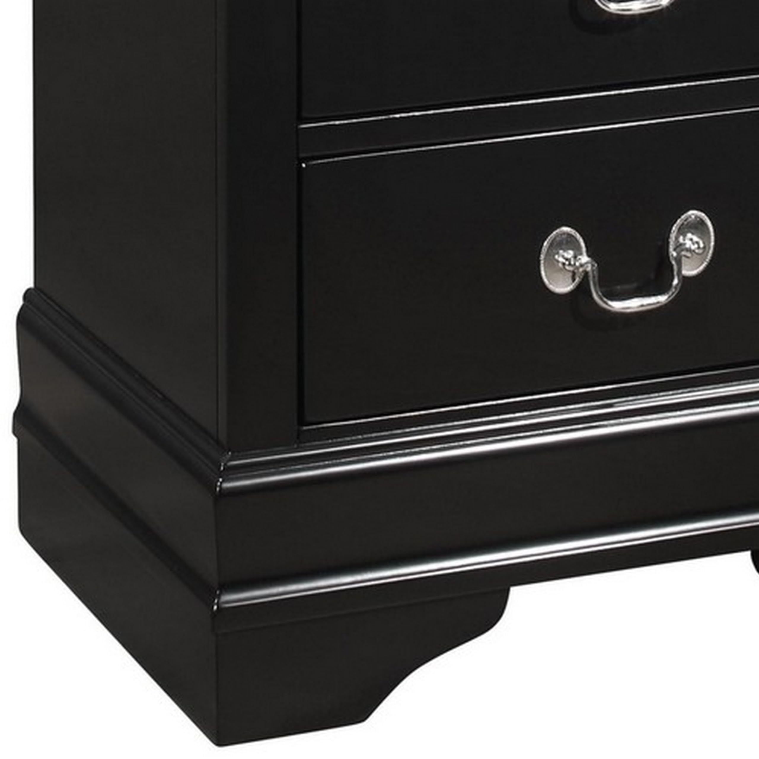 Benjara 2 Drawer Wooden Nightstand with Antique Metal Pulls - Black Bedside Table for Bedroom, Living Room, or Office Storage & Organization