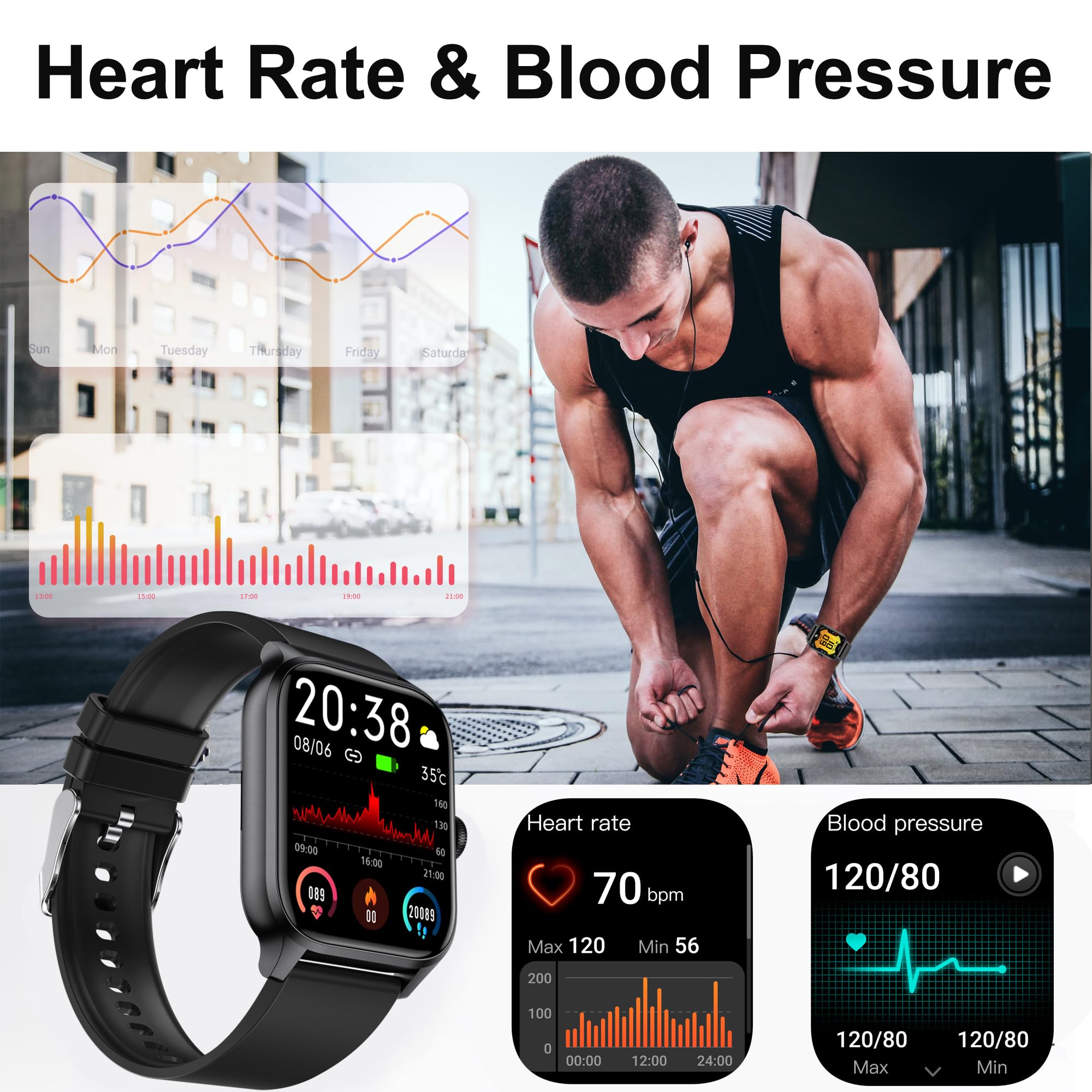 Smart Fitness Tracker Watch with Heart Rate, Blood Pressure, Blood Oxygen Monitor & Step Counter - Activity Tracker for Women & Men - Compatible with Android & iPhone - Perfect for Running, Gym Workouts & Daily Health Tracking