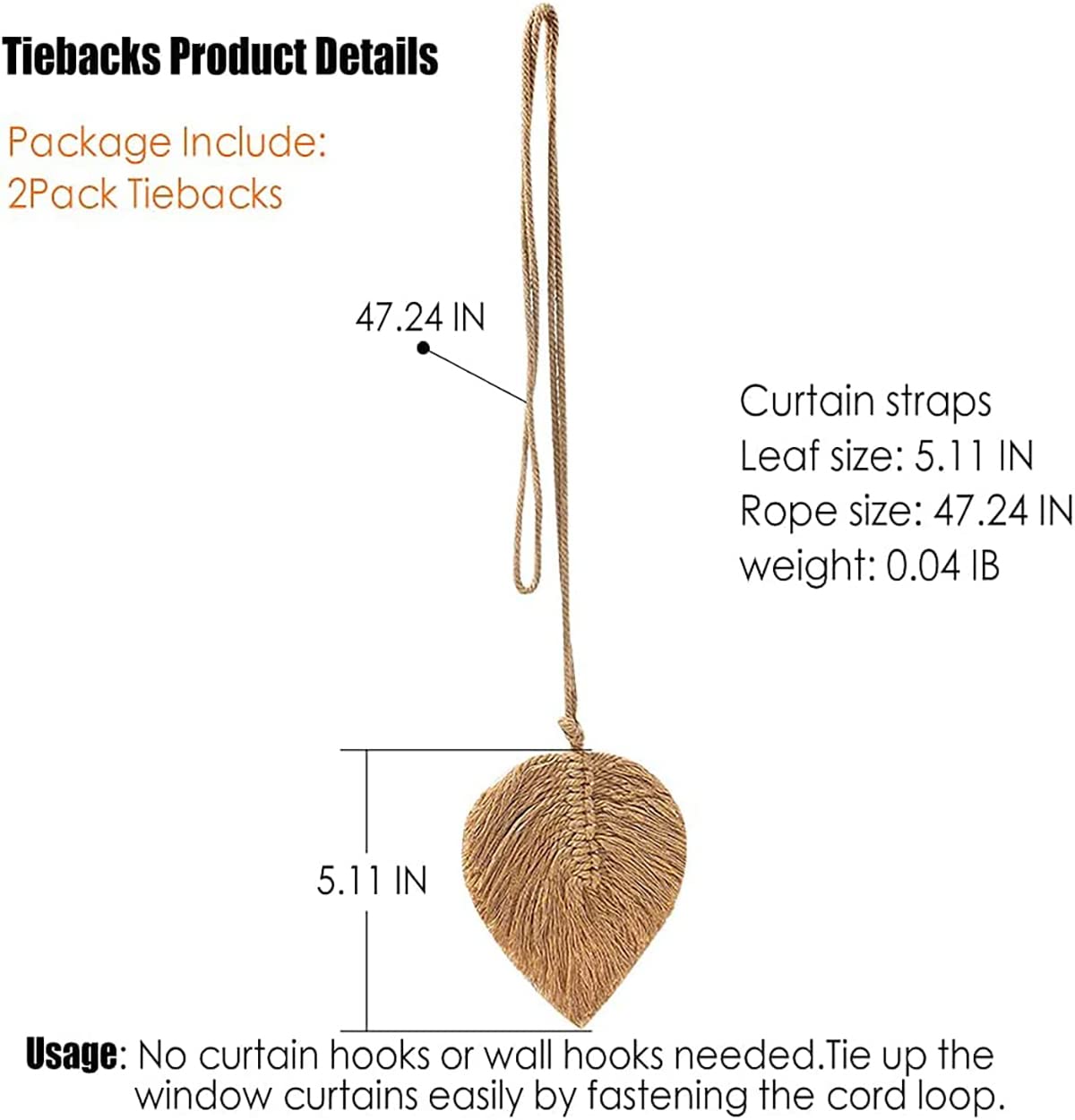 2 Pack Handmade Farmhouse Curtain Tiebacks - Bohemian Cotton Rope Drapery Holdbacks for Windows, Hand-Woven Leaf Brown Curtain Holdbacks for Living Room, Bedroom & Home Decor