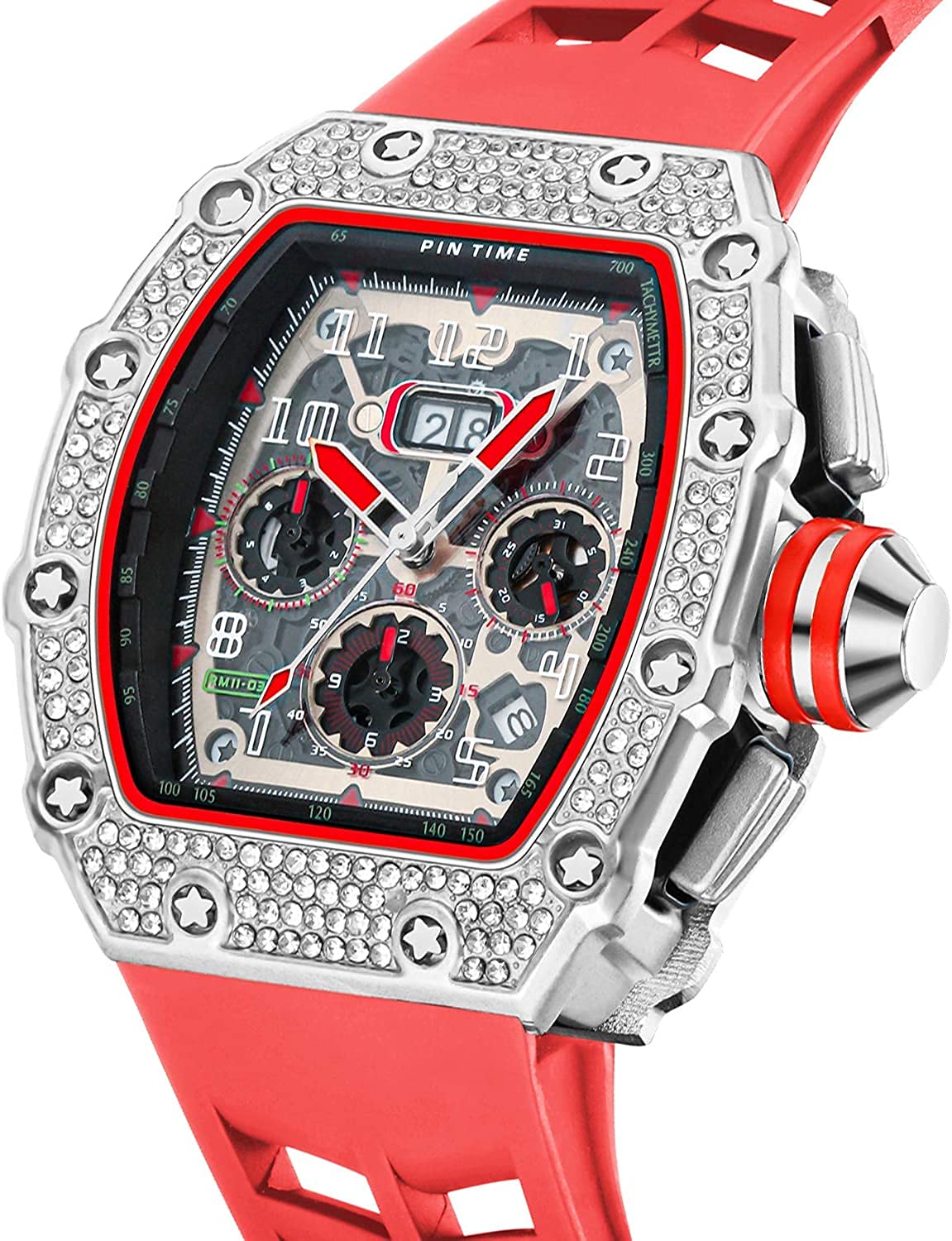 Gosasa Men's Luxury Diamond Tonneau Watch - Analog Chronograph with Date Calendar, Large Rectangle Face & Silicone Strap - Perfect for Business, Dress & Work Attire | Elegant Gift for Professionals & Watch Collectors