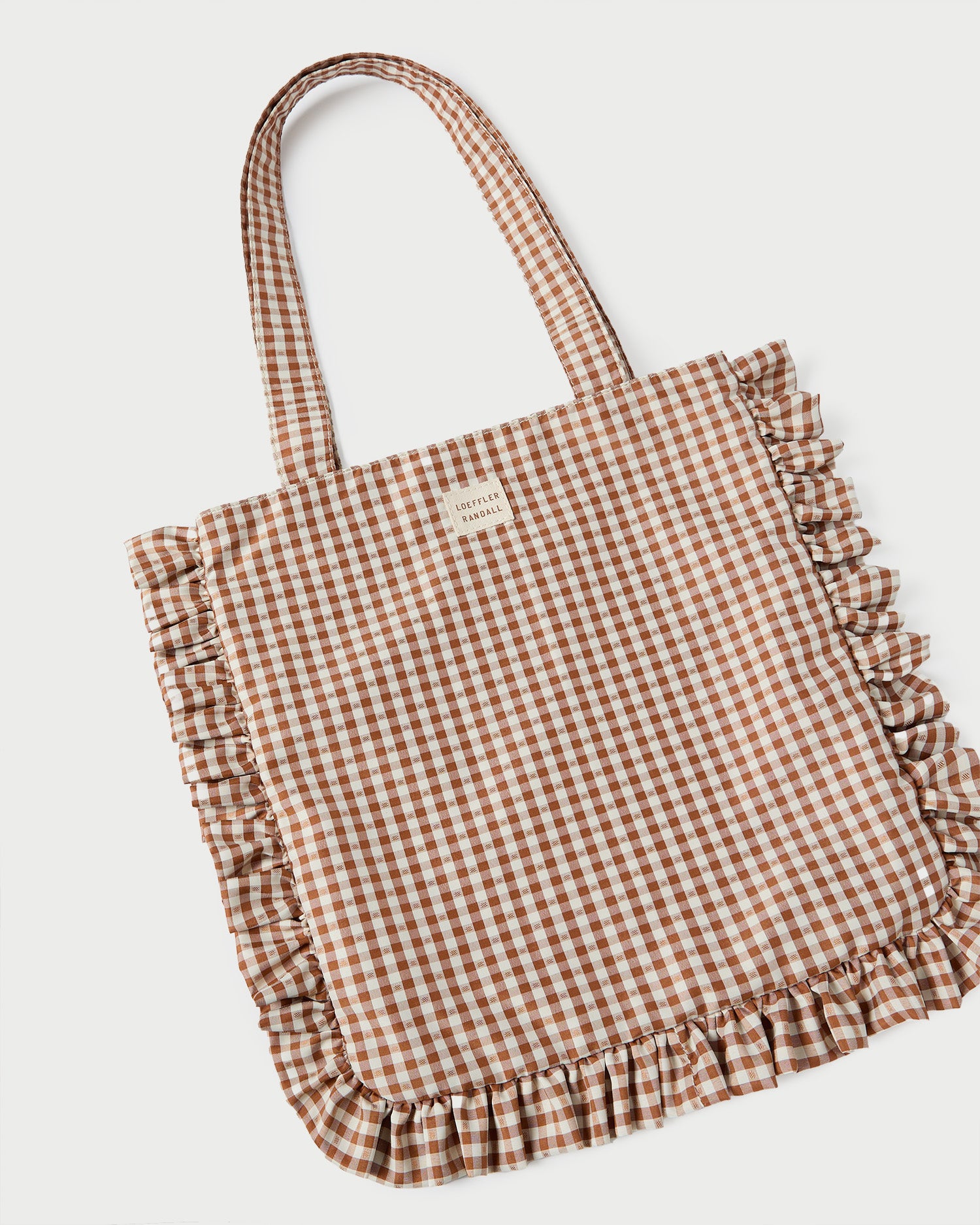 Justine Brown Gingham Ruffle Tote Bag - Stylish Cotton Canvas Beach Tote for Women - Perfect for Shopping, Travel & Picnics