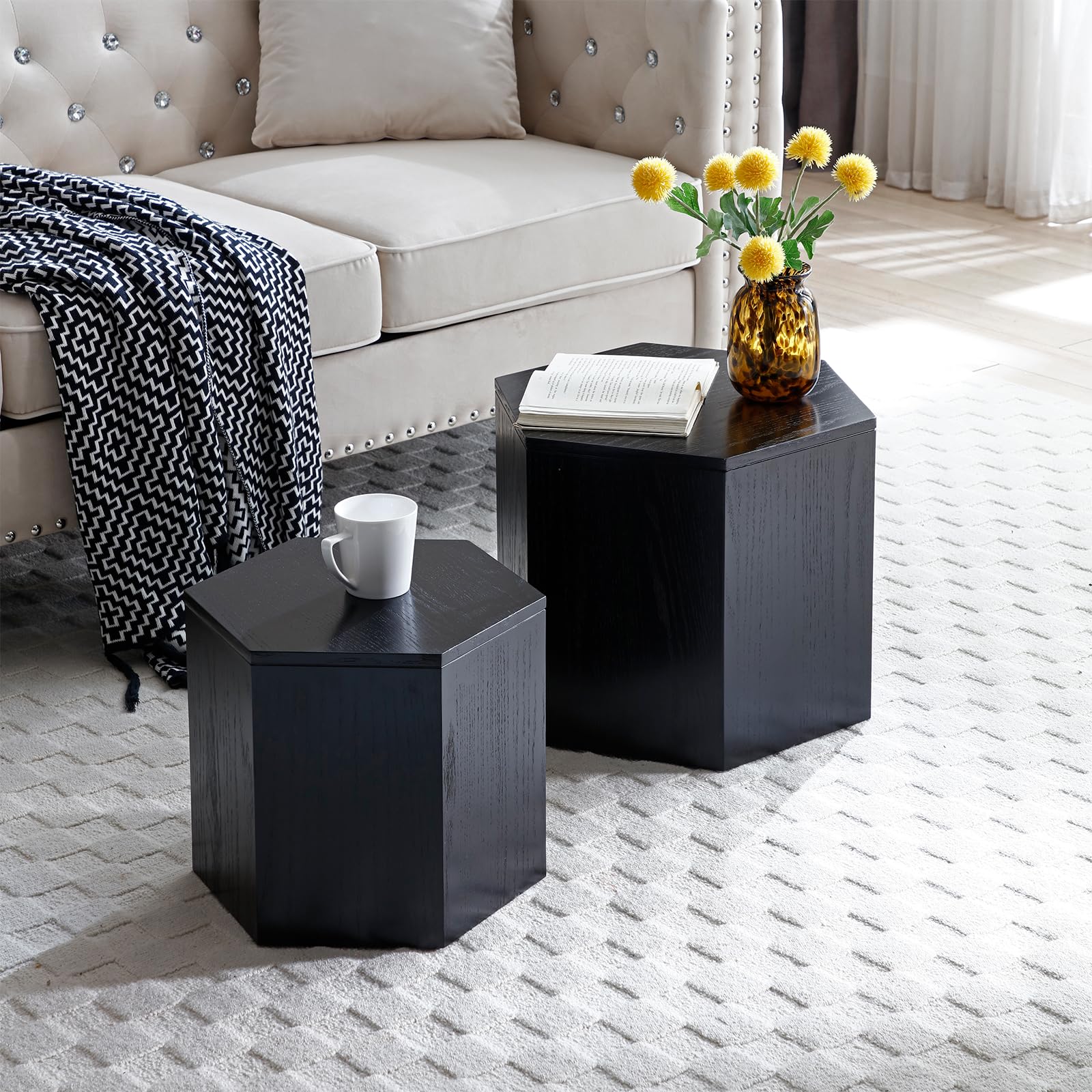 Hexagonal Nesting Coffee Table Set of 2 - Black Wooden Side Tables for Small Spaces | Modern Living Room Furniture for Apartments & Cozy Homes