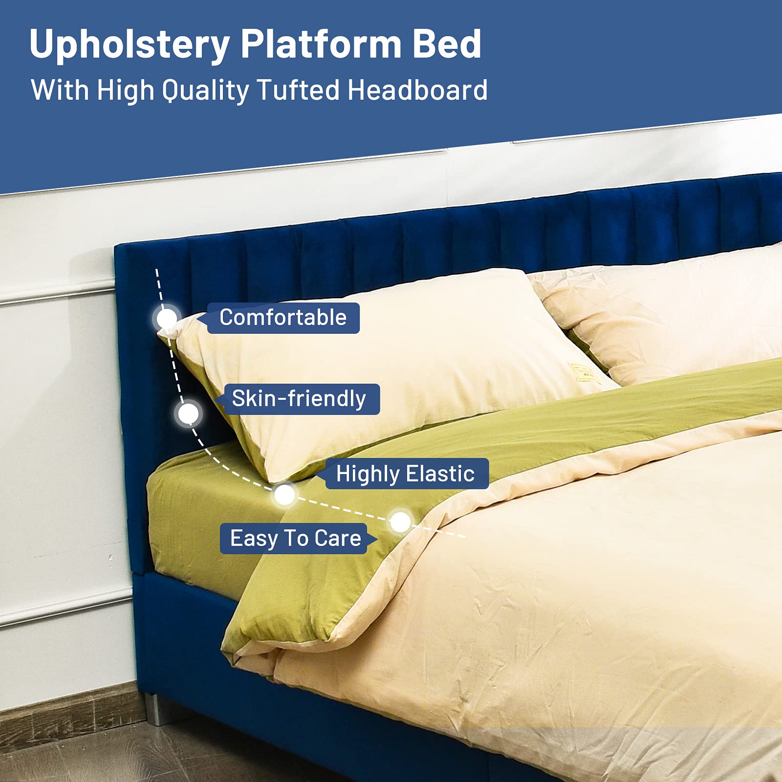 Giantex Full Size Bed Frame with Headboard - Vertical Tufted Upholstered Platform Bed with Heavy Duty Wood Slats Support | No Box Spring Needed | Easy Assembly | Navy Blue | Perfect for Modern Bedrooms, Guest Rooms & Small Spaces