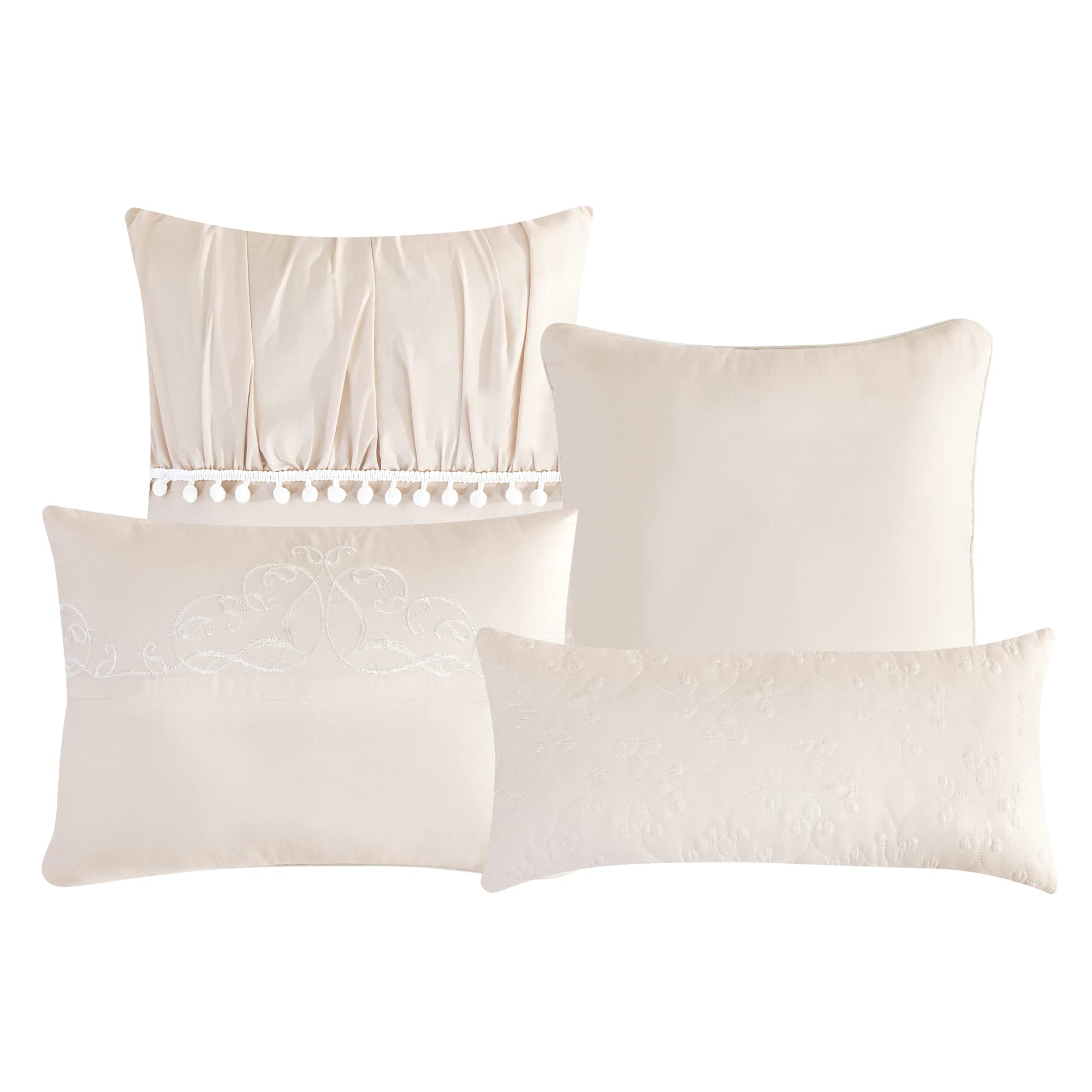 Luxury 7-Piece King/Cal-King Comforter Set with Shams & Cushions - Modern Damask Champagne Beige White Semi-Pleated Embroidery Pompoms Design - Bed in a Bag (22196V, Charnee) - Perfect for Master Bedroom Decor, Guest Room Upgrade & Luxury Hotel Style Bedding