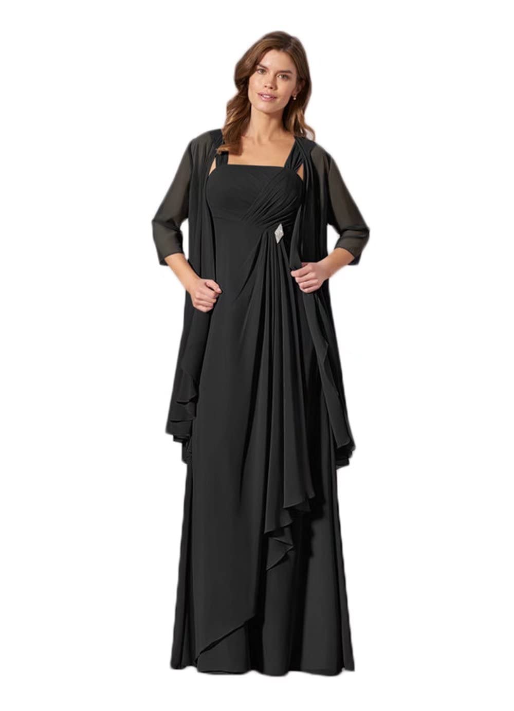 Elegant Chiffon Mother of The Bride Dress with Pleated Ruffles - Long Formal Evening Gown with Jacket for Weddings, Prom & Special Occasions