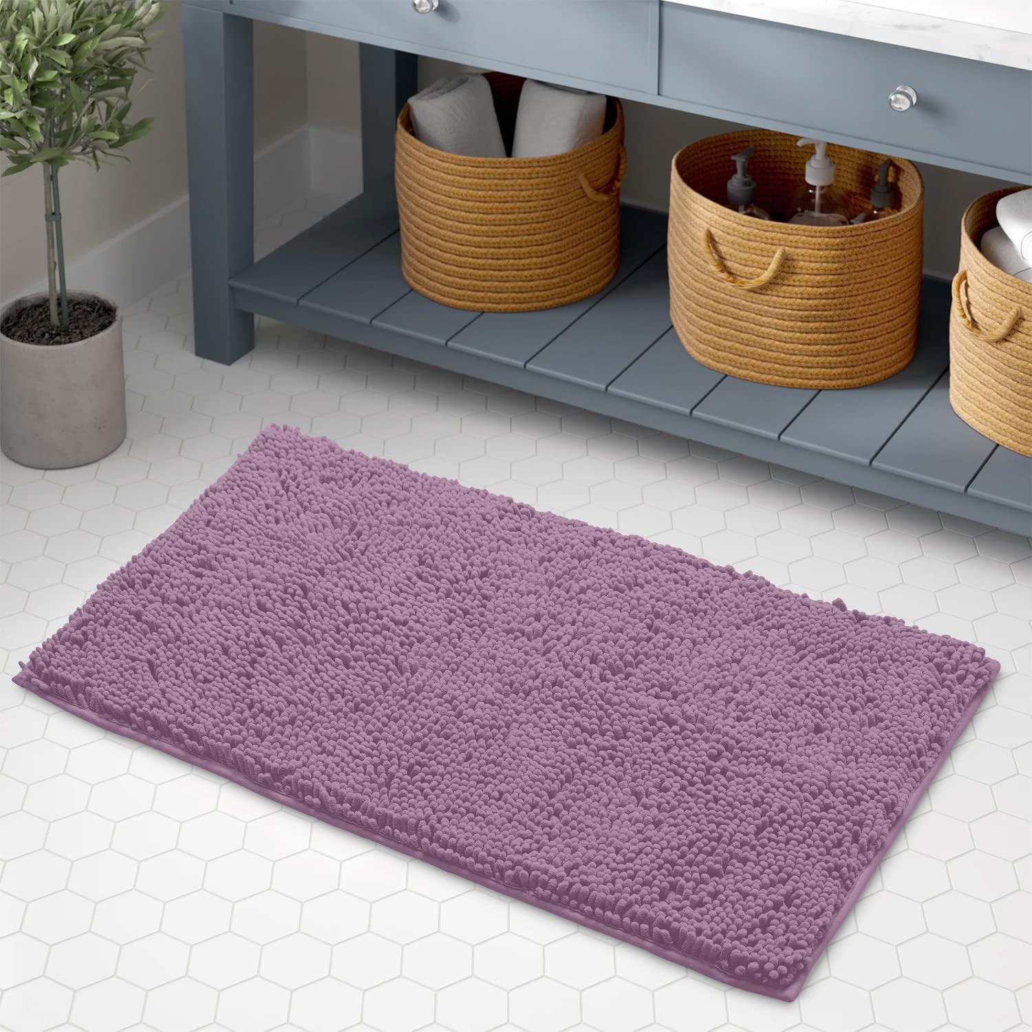 Ultra Soft Chenille Plush Bath Rugs - Non-Slip Microfiber Floor Mats for Bathroom, Kitchen, Entryway & Living Room (30x20 Inches, Mauve) - Perfect for Cozy Home Decor & High-Traffic Areas