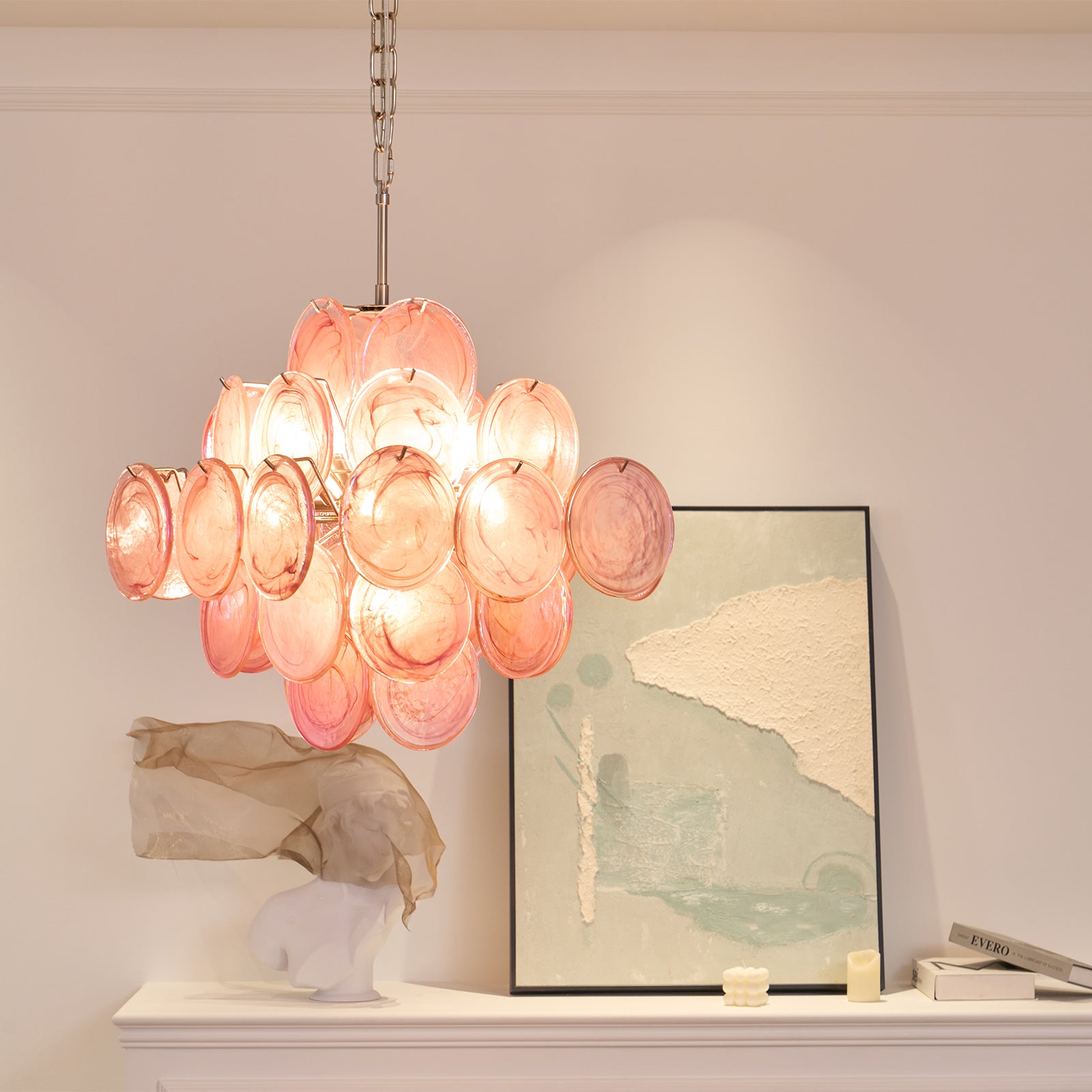 Murano Pink Glass Disc Chandelier - Elegant Venetian Style Ceiling Light Fixture for Dining Room, Bedroom or Living Room Decor