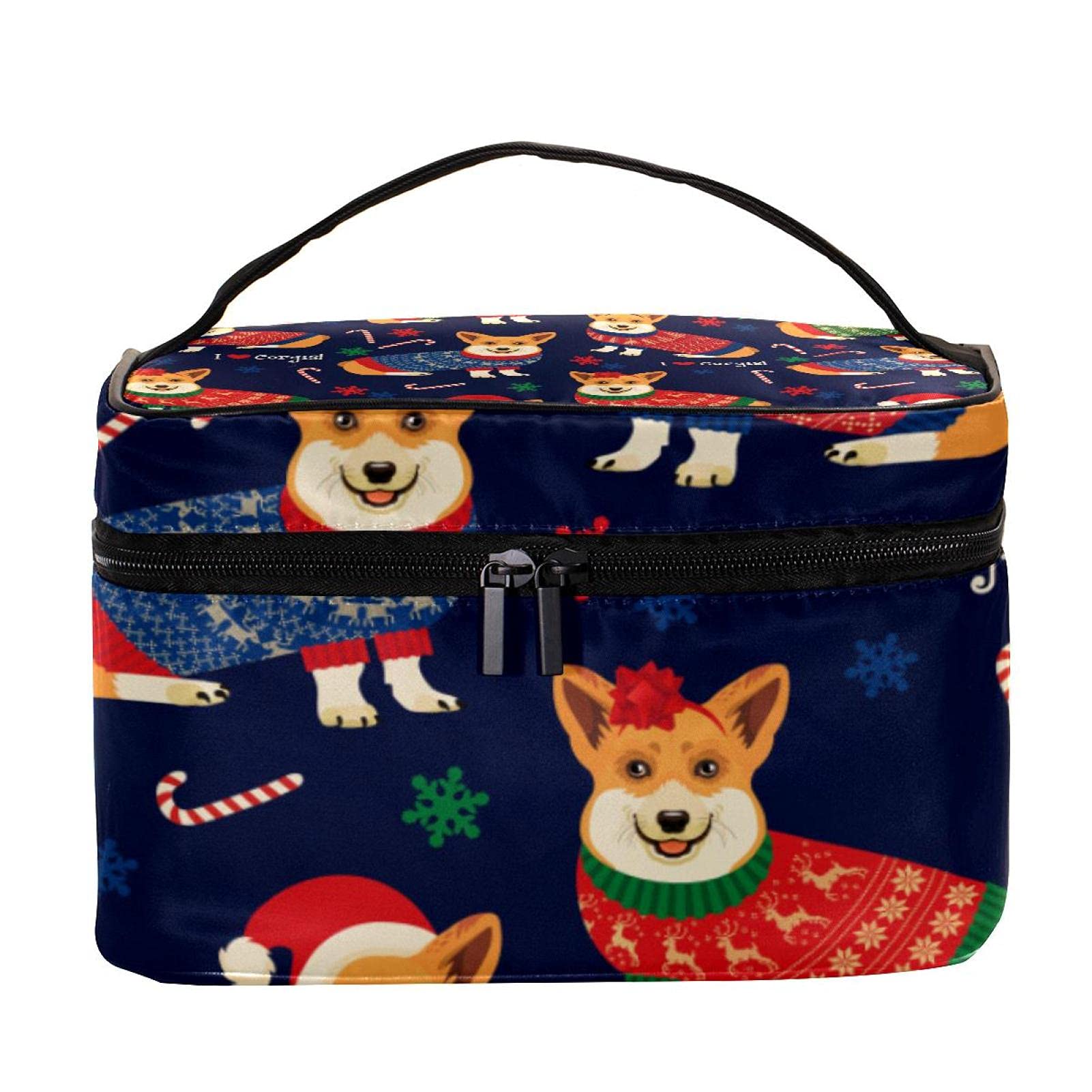 Christmas Corgi Dog Travel Makeup Bag - Large Cosmetic Organizer with Zipper, Cute Puppy Toiletry Case for Women & Girls - Perfect for Holiday Travel, Gift Giving & Daily Makeup Storage