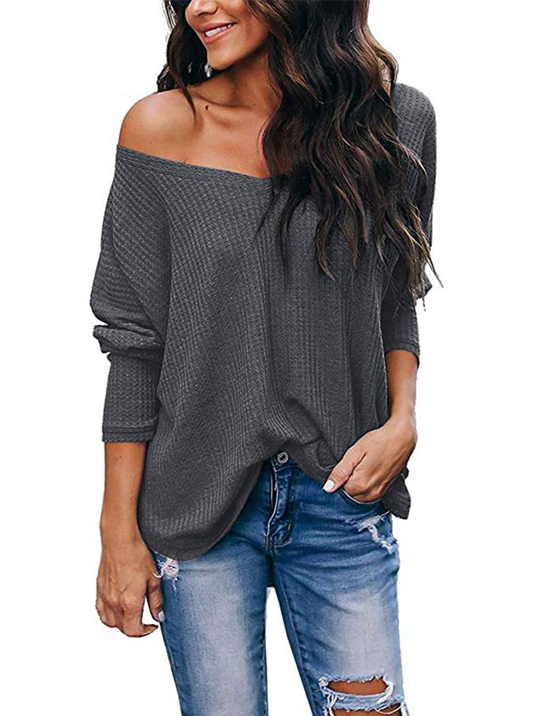 LuckyMore Women's Casual Off Shoulder V-Neck Waffle Knit Batwing Sleeve Pullover Sweater - Soft Loose Fit Tops for Spring Summer Outfits, Date Night & Beach Wear