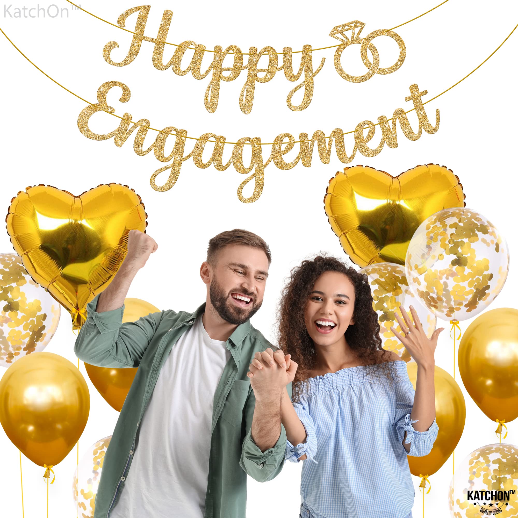 KatchOn Gold Glitter Happy Engagement Banner - 10ft Premium Party Decor for Engagement Parties, Bridal Showers & Bachelorette Celebrations | Ready-to-Hang Wedding Decoration