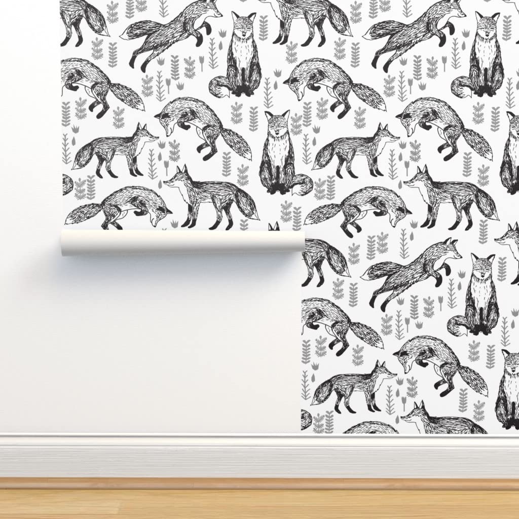 Peel & Stick Removable Wallpaper 12ft x 2ft - Black White Fox Woodland Nursery Decor, Gender Neutral Baby Room, Custom Wall Decal by Spoonflower | Perfect for Kids Bedroom, Playroom & Nursery Accent Wall