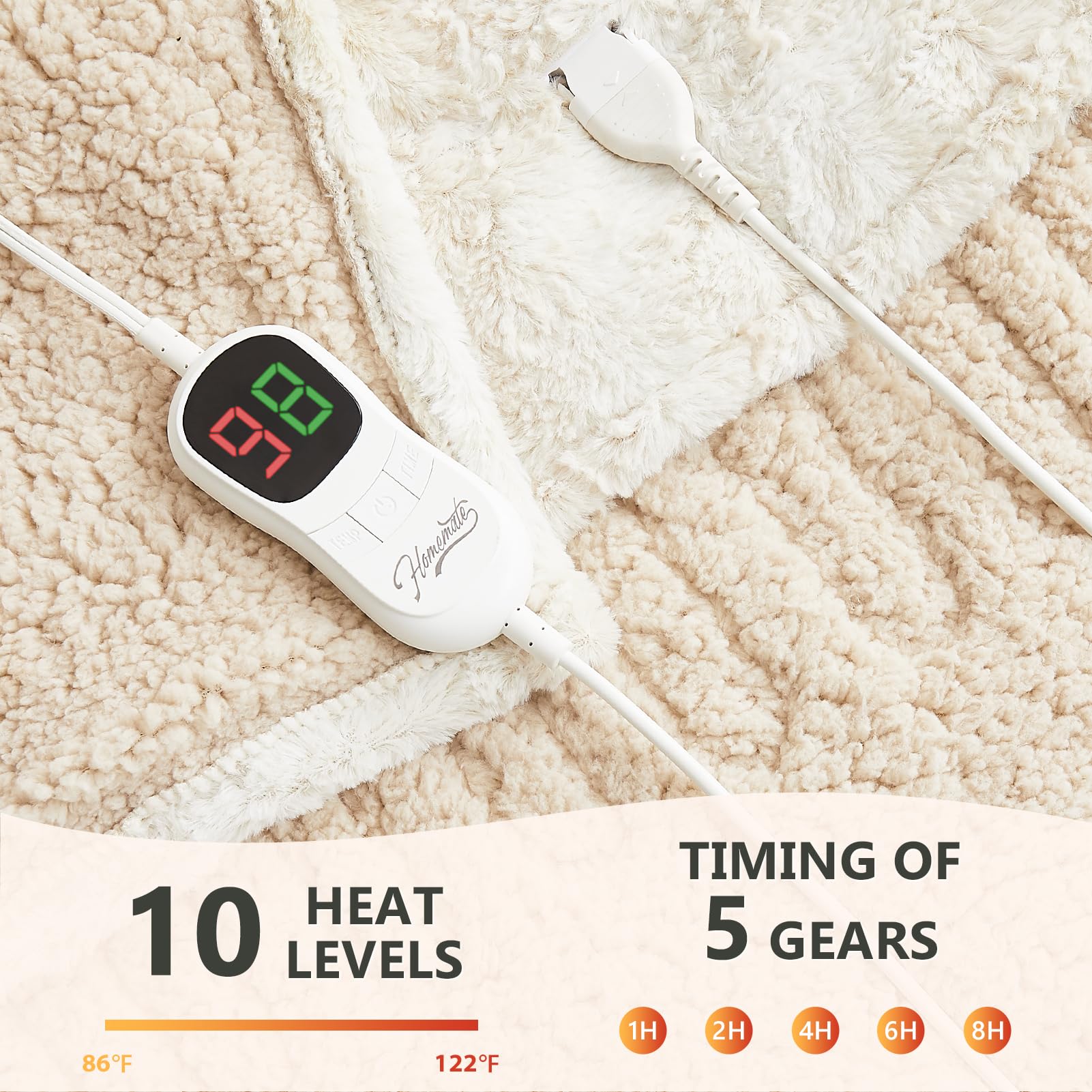 Homemate Electric Heated Blanket Twin Size (62x84 inches) - 5 Heat Settings & 10 Temperature Levels with Auto Shut-Off & Overheat Protection | ETL Certified Luxury Faux Fur Sherpa Heating Blanket | Perfect for Winter Nights, Bedroom Comfort & Cold Weather Relaxation