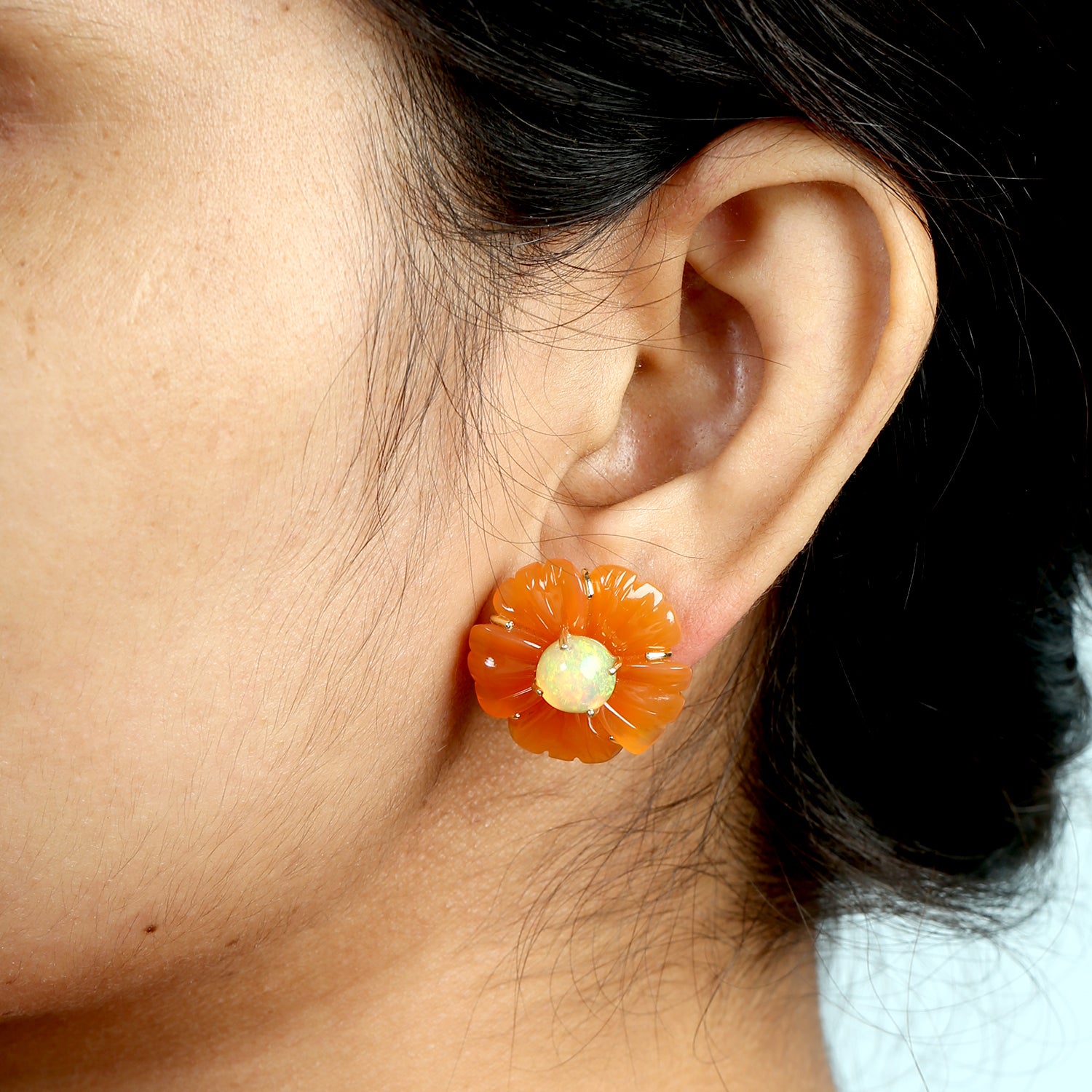 18K Yellow Gold Ethiopian Opal Flower Earrings - Handcrafted Mix Stone Round Gemstone Jewelry for Women | Perfect for Weddings, Parties & Special Occasions
