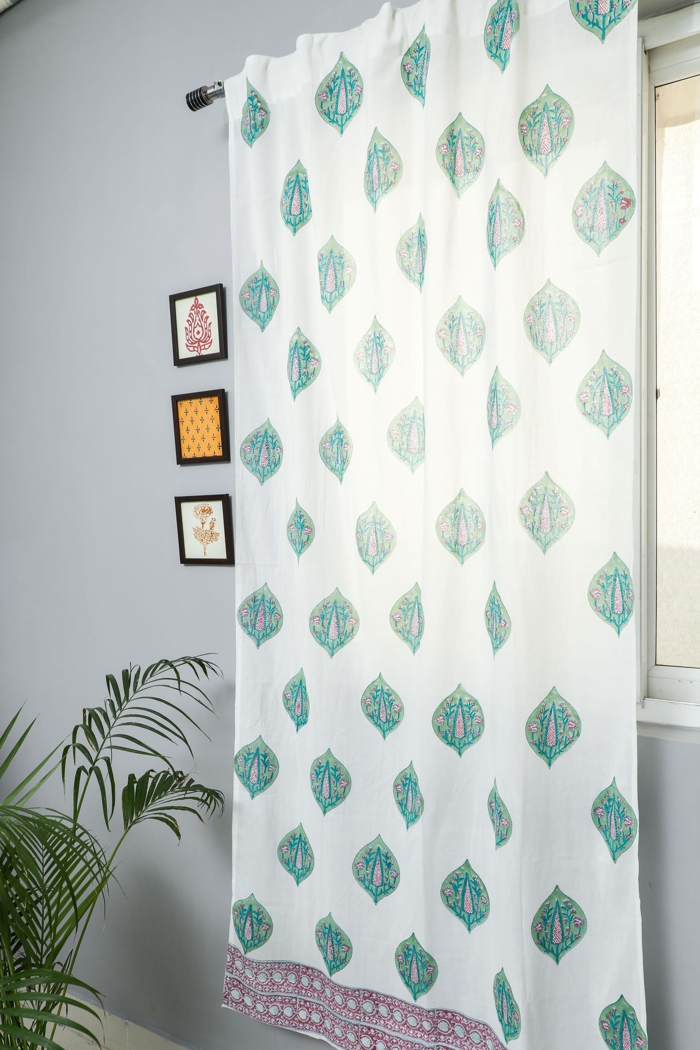 Green Palm Handblock Printed Cotton Door Curtain - Traditional Indian Handmade Home Decor for Living Room, Bedroom & Entryway